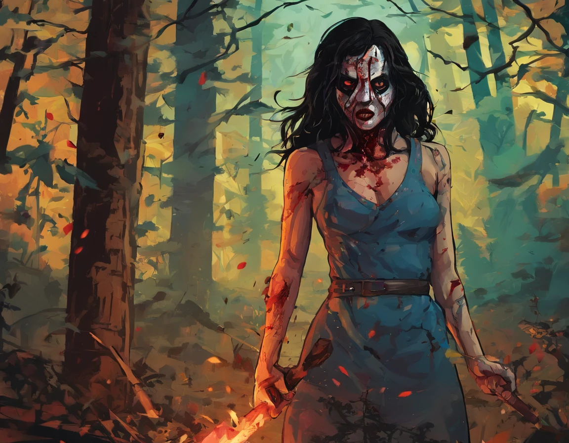 A girl wearing a hockey mask with a machete, piercing blue eyes, bloodied lips, and a sinister smile, surrounded by a dark and eerie forest. She is dressed in a tattered and dirty white dress, with long, tangled black hair covering half of her face. The scene is set during a stormy night, with thunder and lightning illuminating the scene. The girl stands in a haunting pose, holding the machete in one hand and raising it high in the air. The atmosphere is filled with suspense and fear, as if she is about to strike her next victim.
The artwork should be created in a hyper-realistic style, using high-resolution techniques to capture every detail of the girl's face, dress, and the surrounding forest. The colors should be desaturated, with a cold and gloomy tone, enhancing the horror theme. Studio lighting should be used to add depth and highlight the details of the girl's face and the forest. The overall image quality should be of the highest standard, producing a 4K or 8K masterpiece that showcases extreme detail and realism.
In summary, the prompt should include the following tags:
- female Jason Voorhees
- hockey mask
- machete
- piercing blue eyes
- bloodied lips
- sinister smile
- dark and eerie forest
- tattered and dirty white dress
- long tangled black hair
- stormy night
- thunder and lightning
- haunting pose
- suspense
- fear
- hyper-realistic style
- high-resolution techniques
- desaturated colors
- cold and gloomy tone
- studio lighting
- 4K or 8K quality
- extreme detail and realism
Remember to arrange the tags in order of importance and separate them with commas.