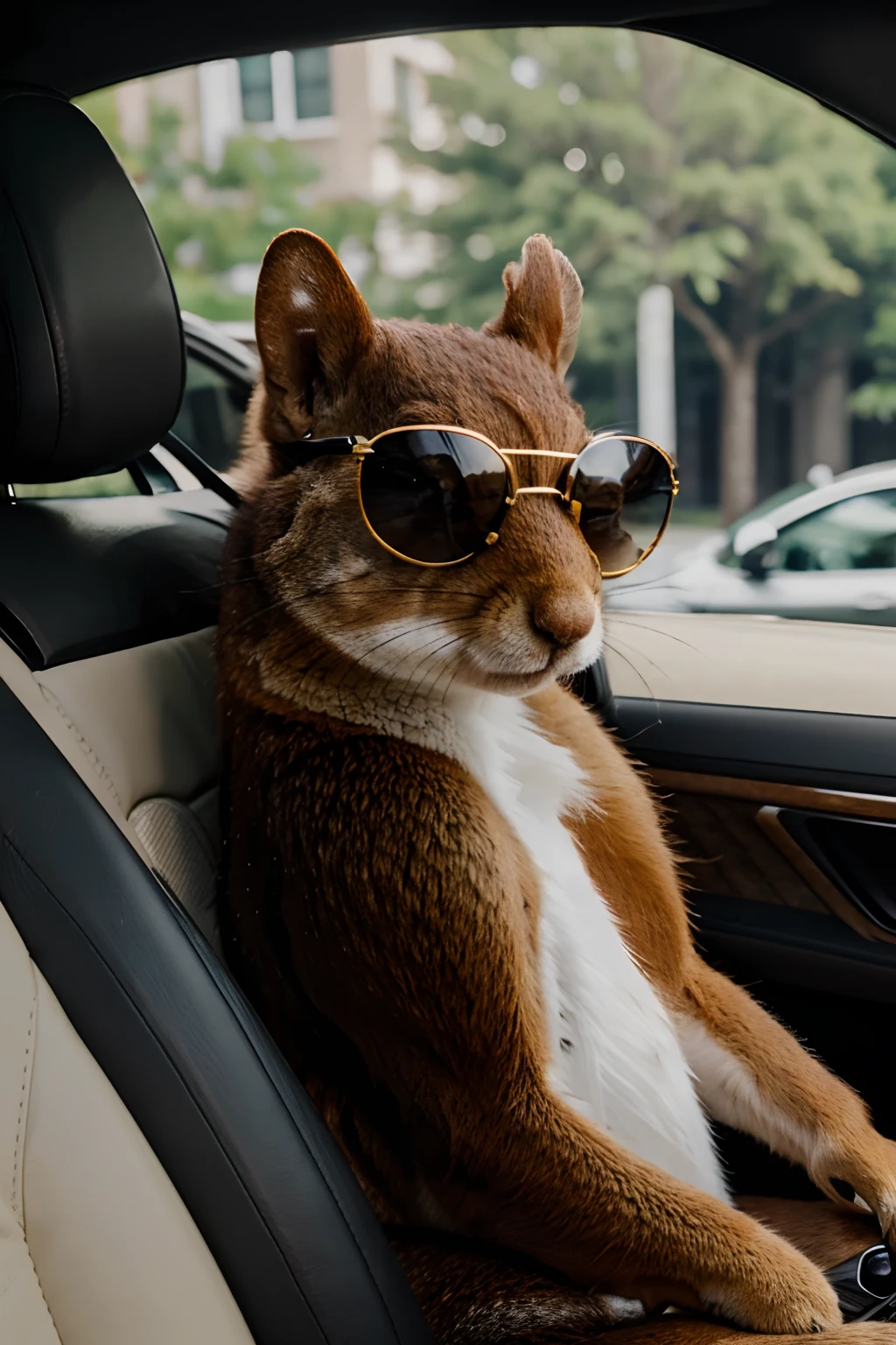 1 8k hyper realistic squirrel with sunglasses in a luxury car