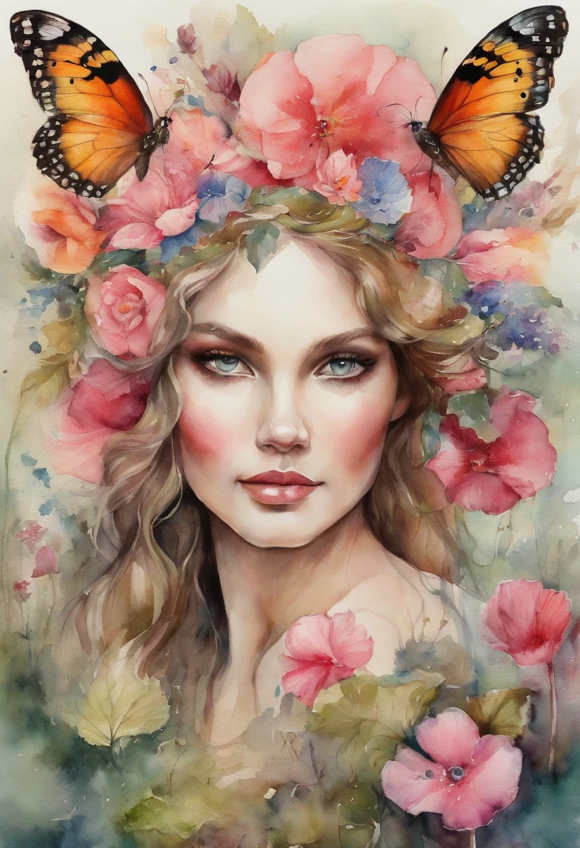 Fantasy girl with four (4) ojos con su piel color rosa, ropa con forma de hongos venenosos y un paisaje lleno de mariposas, flores, Giant Mushrooms and Amazing Creatures.