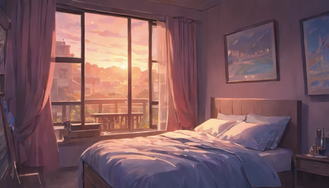 Close-up of the outside of a bedroom window with curtains Set in a peaceful suburban neighborhood at dawn. that look like it from an anime