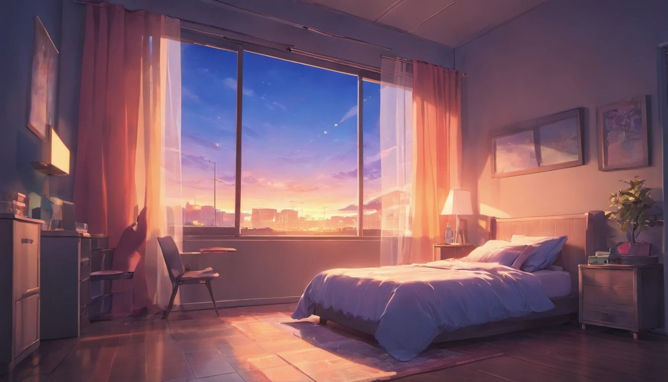Close-up of the outside of a bedroom window with curtains Set in a peaceful suburban neighborhood at dawn. that look like it from an anime