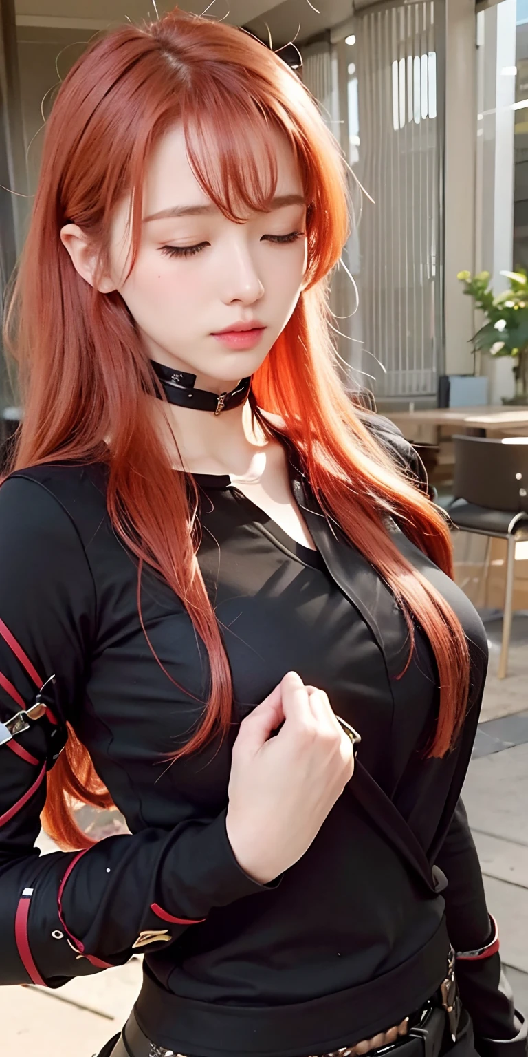 1girl,big breast,red hair, closed eyes, black clothes, ultra detailed, masterpiece, realistic