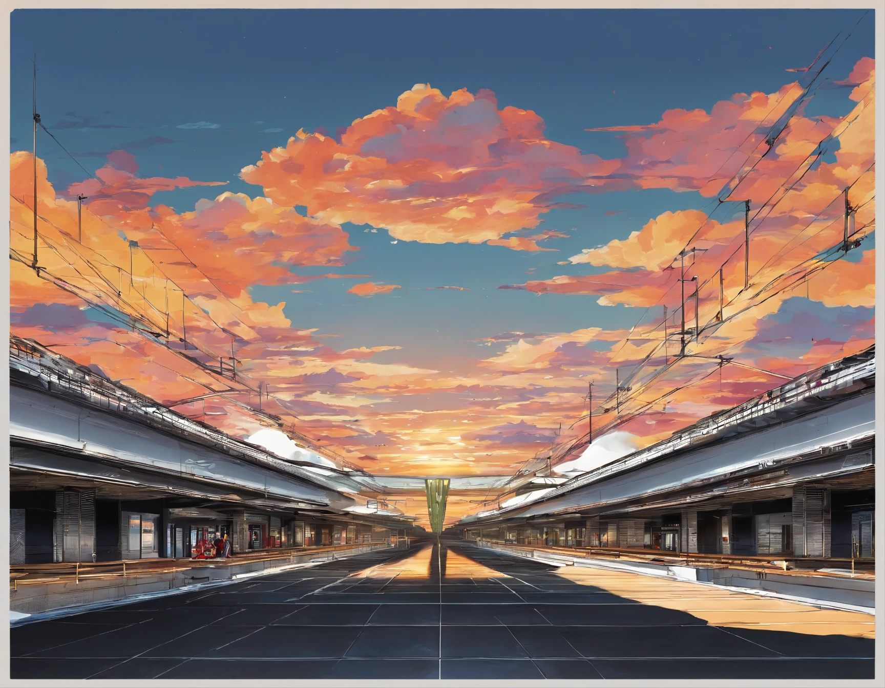 Baja Train Station. From the city of Low Angle, Annual Lighting Exhibition, cumulonimbus clouds, Volumetric lighting, big sky