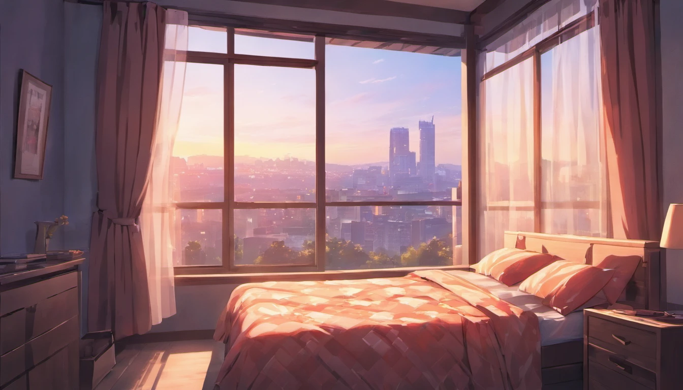 the outside of a bedroom window with curtains Set in a peaceful suburban neighborhood at dawn. that looks like it from an anime