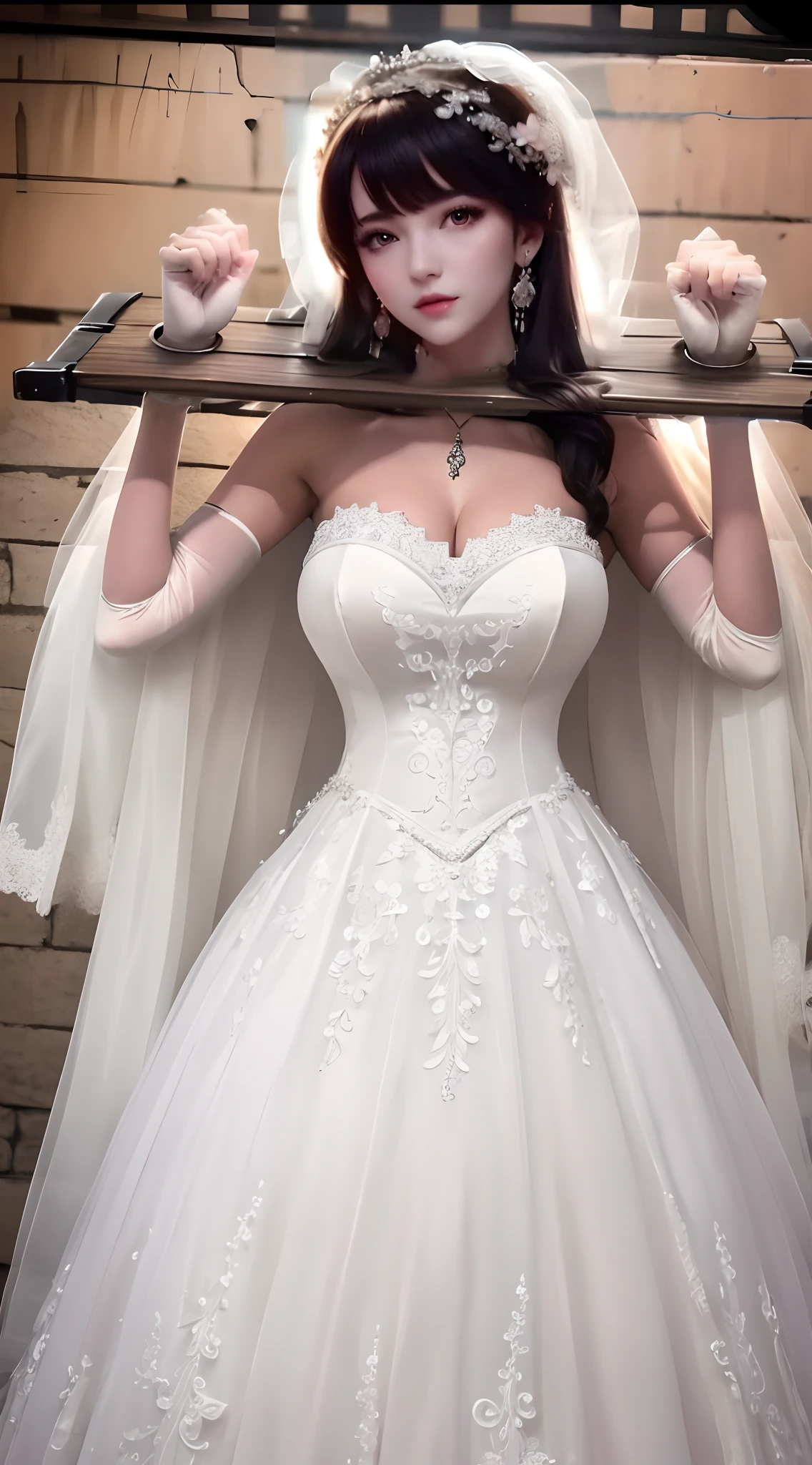 Close-up of a beautiful bride in a beautiful wedding dress, Gurvetz,（ pillory：1.5）, Flail on the head, Flail on the hands, Flail,(Bridal veil: 1.5), (Short transparent veil: 1.5), Flushed face, Head flower, head gear, (Tubular wedding dress: 1.5), (Silk dress: 1.2 ), (Strapless wedding dress: 1.5), Pure white dress, necklace, Earrings, (Huge breasts: 1.3), Deep V heart collar wedding dress, bangs, lipstick, (Lace gloves: 1.3), Full body photo, High detail RAW color art, a white long skirt, Whole body, with hands behind her back, and floor-length skirts,