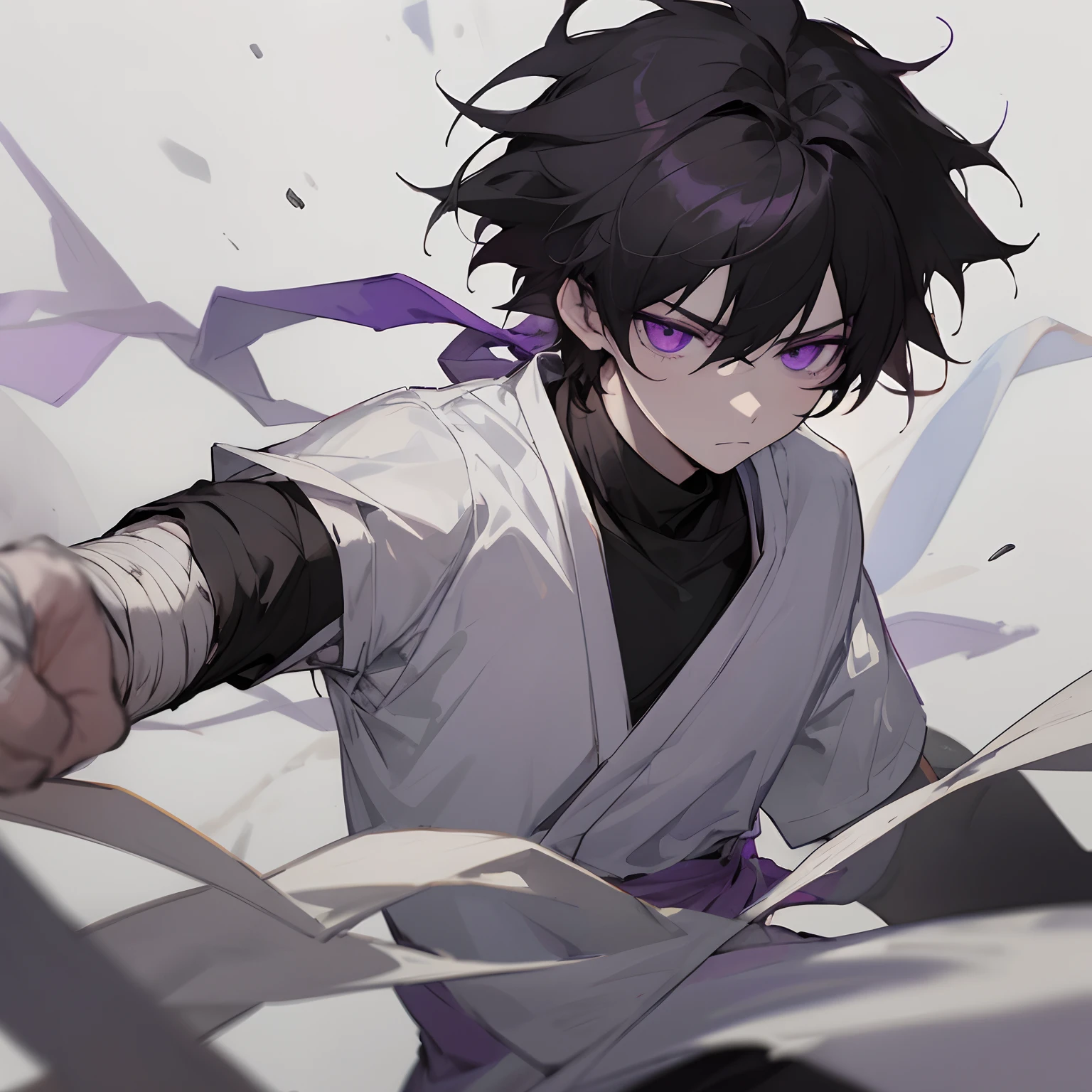 1male , black hair , purple eyes , messy hair , pale skin , white and black shirt slightly short sleeves with bandages around the wrists and hand , temple background , somber expression , ninja clothing , young boy