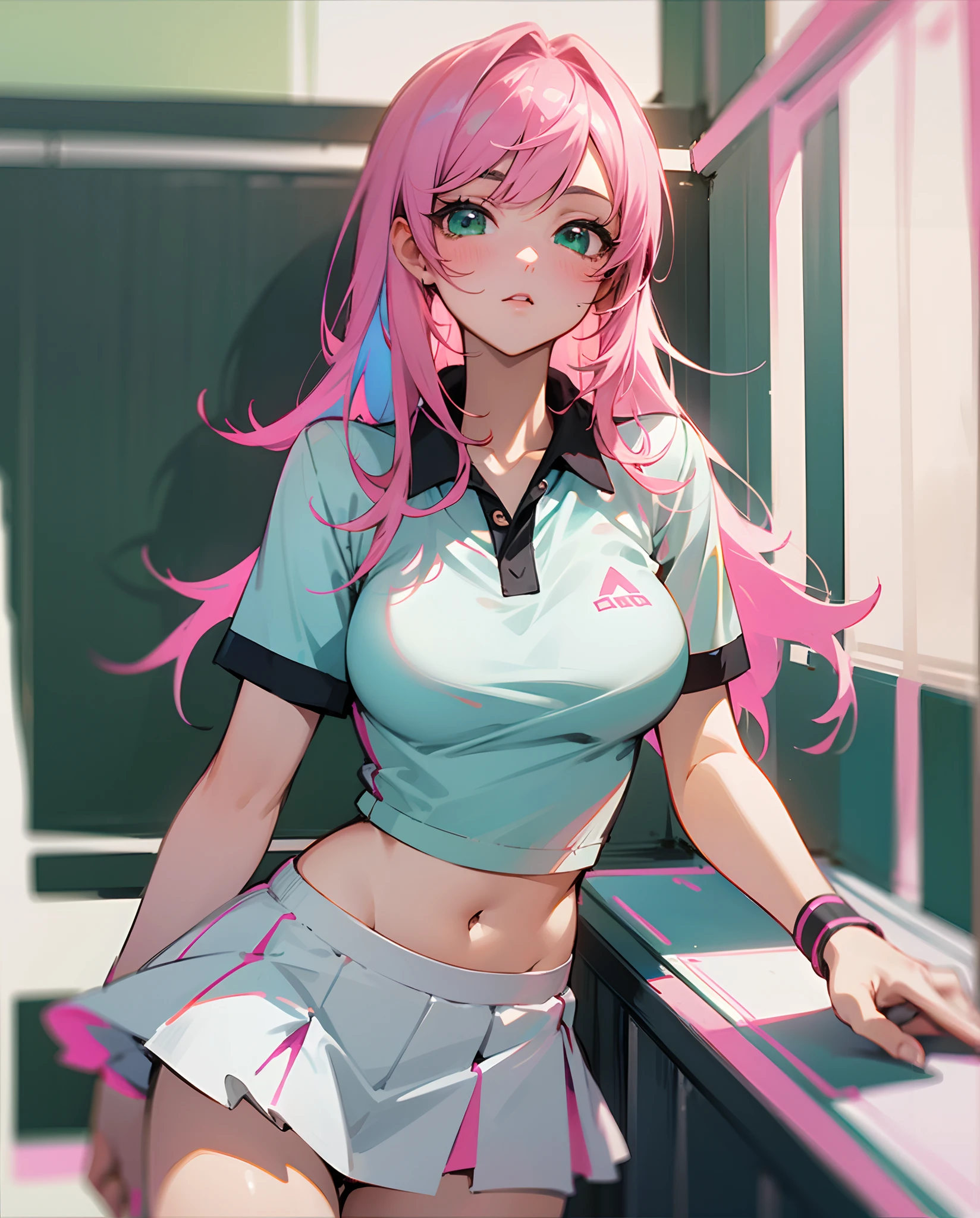 Anime girl, pink hair, green eyes, ultra detailed eyes, tennis uniform, white miniskirt, black underwear, medium breasts, high quality --auto --s2