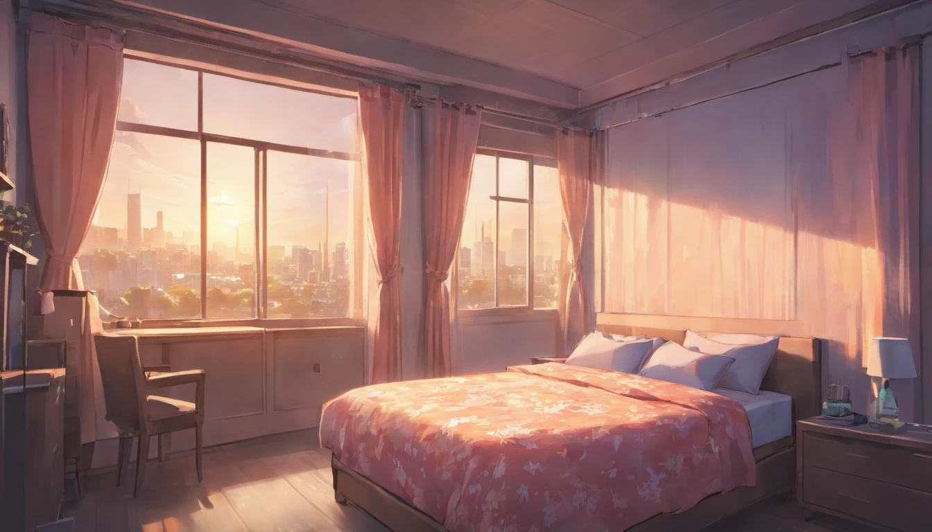 a bedroom window looking outside with curtains Set in a peaceful suburban neighborhood at dawn. that look like it from an anime