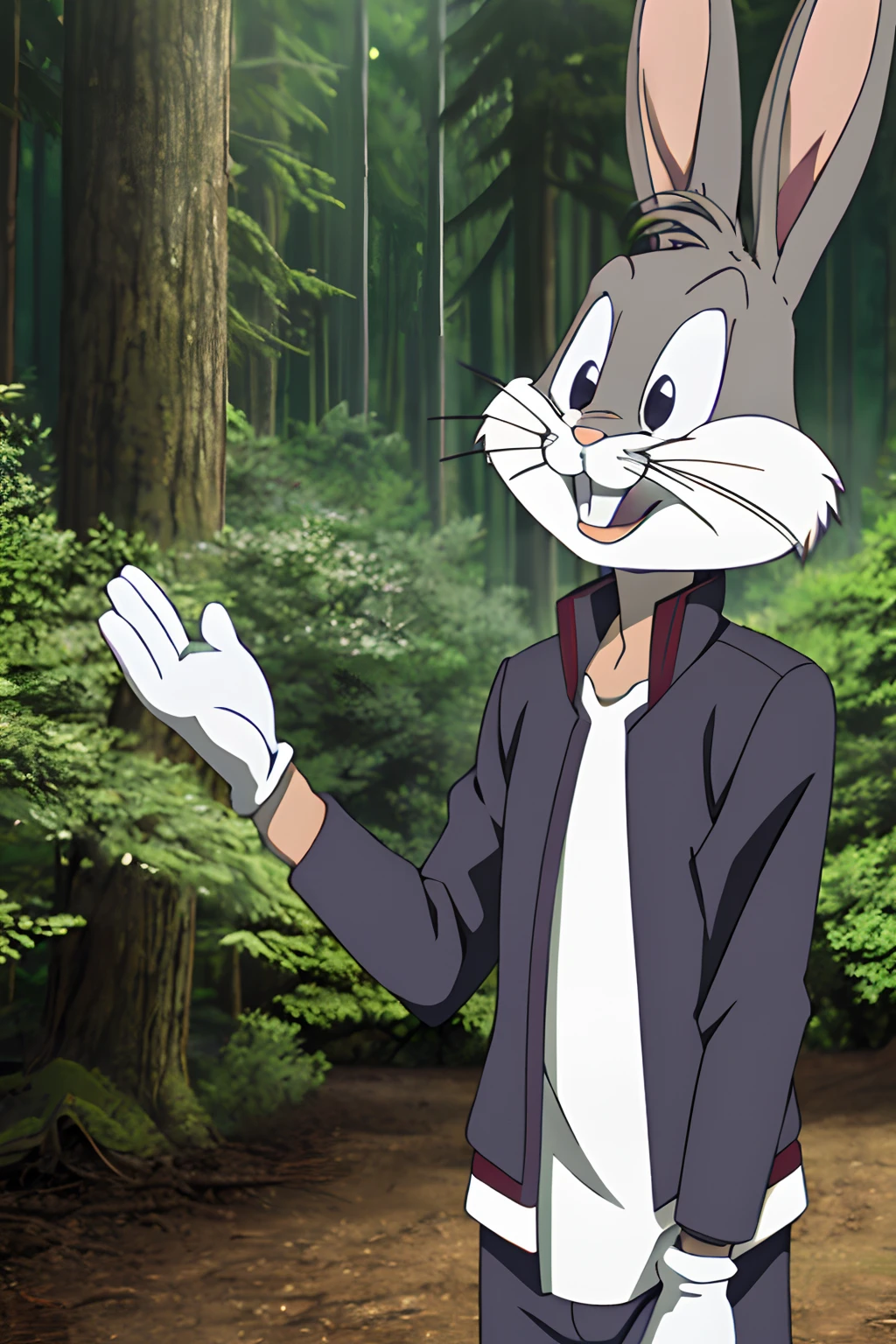 gloves, male, solo, bugs bunny, rabbit, buckteeth, forest, long ears, grey body, grey fur, white fur,furry,anime style, anime screencap, 2010s_\(style\), grin, forest, upper body, short-sleeved jacket with white lining,16k