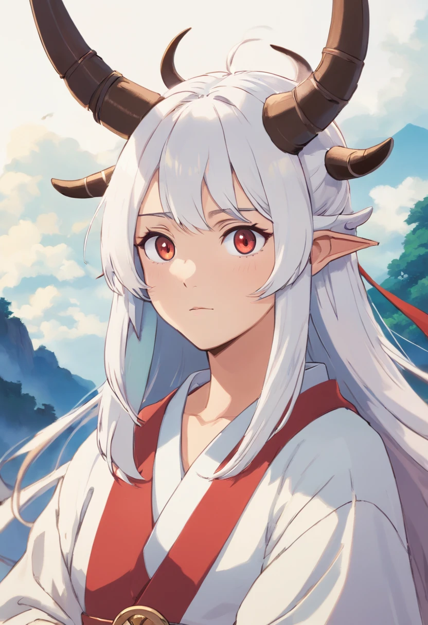 There is a drawing of a man with horns on his head, com chifres, cabelos prateados (rabo-de-cavalo preso samurai), com chifres, chifres curtos, eles chifres, Fit Strong Male Demon with White Horns, white demon horns, horns on head, com chifres pretos em vez de orelhas, chifres bonitos, white horns queen demon, horns on head
