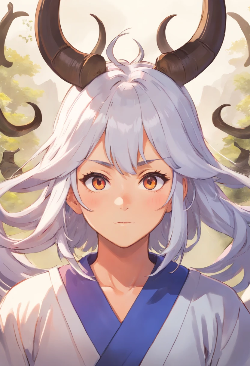 There is a drawing of a man with horns on his head, com chifres, cabelos prateados (rabo-de-cavalo preso samurai), com chifres, chifres curtos, eles chifres, Fit Strong Male Demon with White Horns, white demon horns, horns on head, com chifres pretos em vez de orelhas, chifres bonitos, white horns queen demon, horns on head
