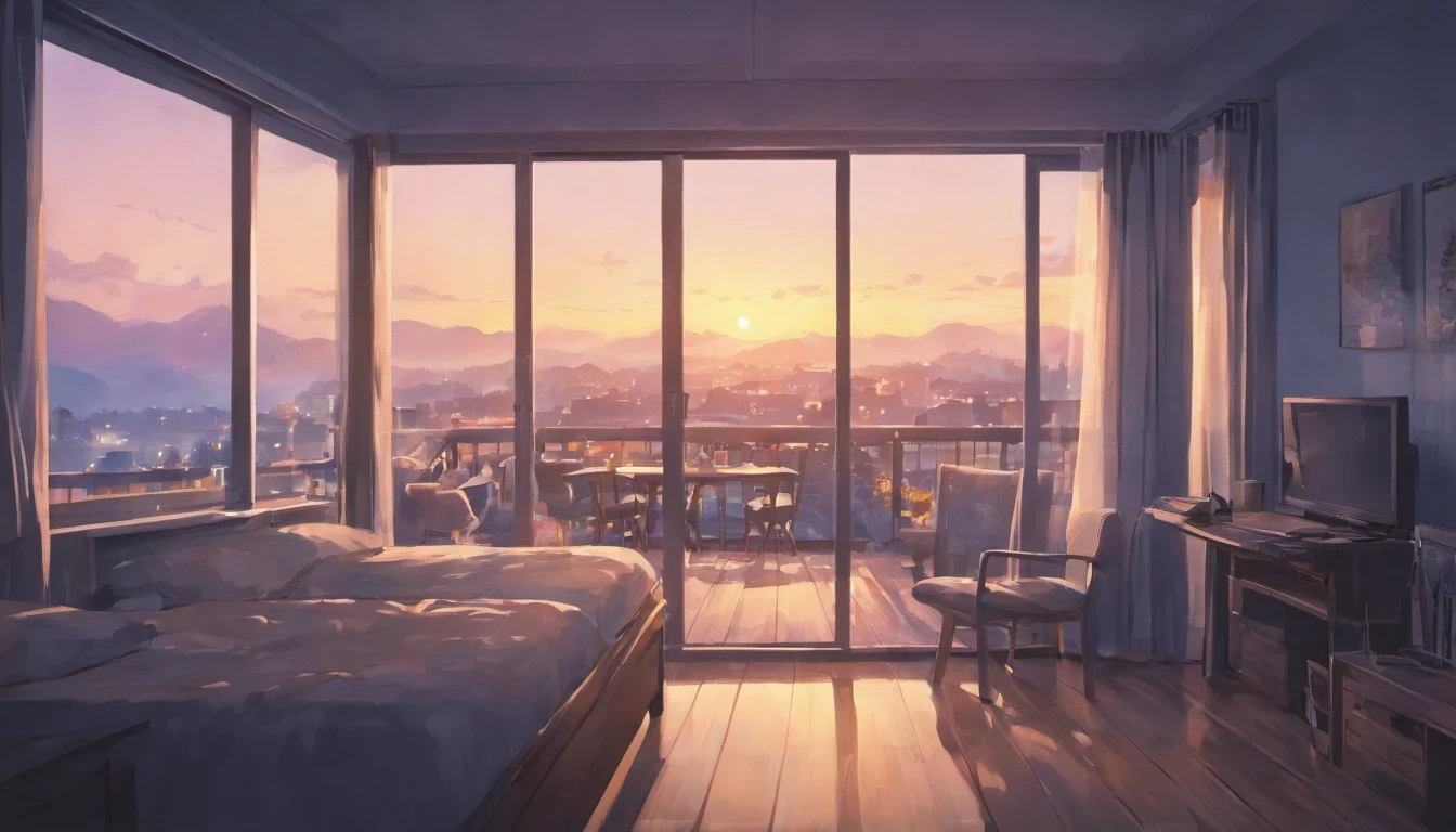 the outside of the bedroom window looking outside with curtains Set in a peaceful suburban neighborhood at dawn. that look like it from an anime