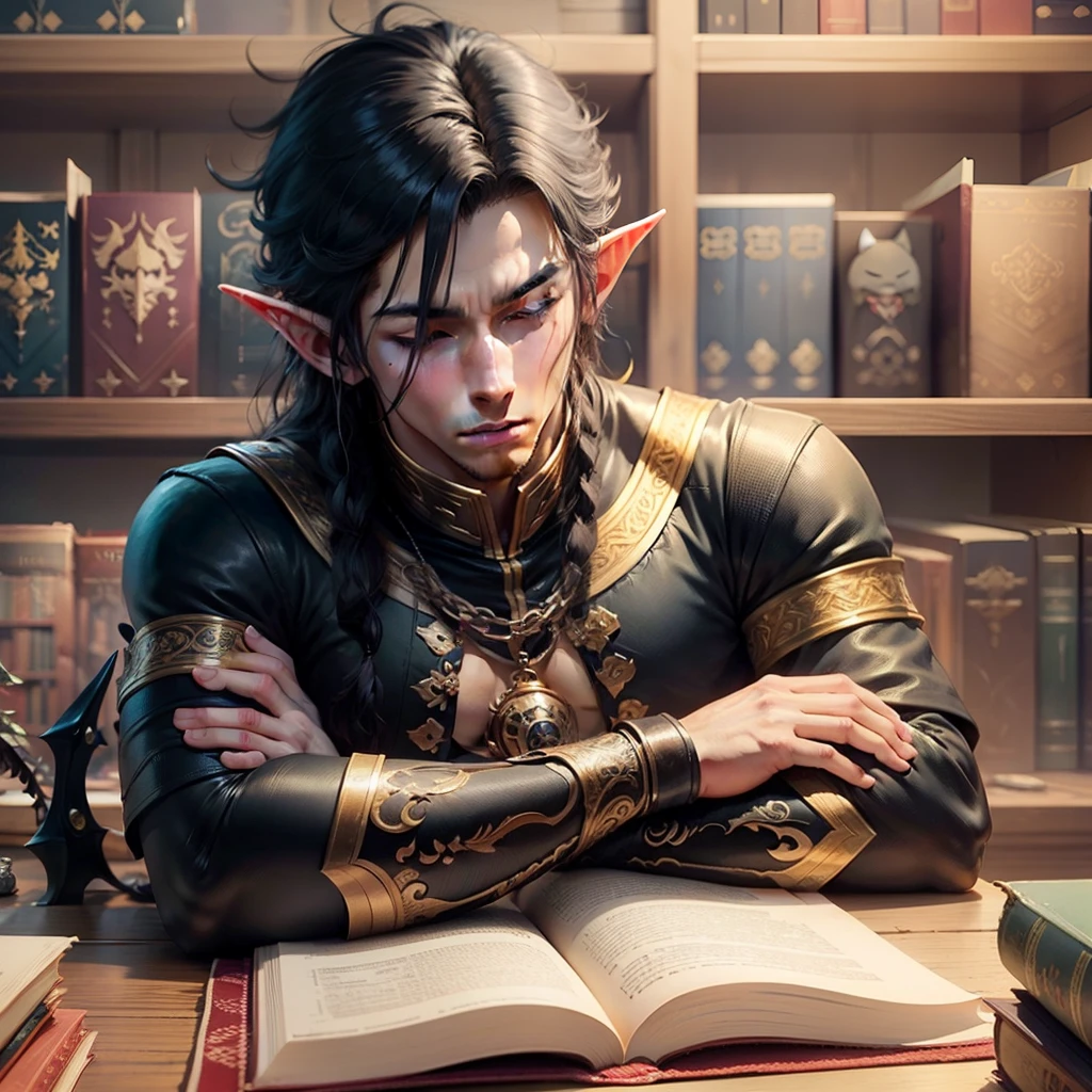 anime style, black dragon sleeping with a male handsome elf in a library --auto --s2