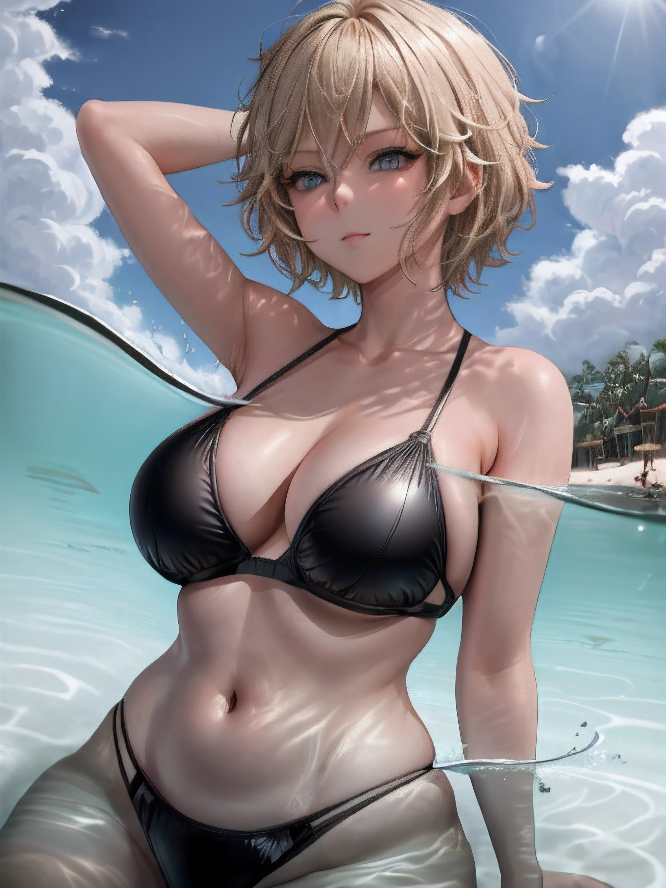 low view, partially submerged, sexy Short girl, short blond hair, black sexy swimwear, blue eyes, low smile, 1sunglasses over the head, very small waist, big wide hips, dynamic pose, round medium sized boobs, beach environment
