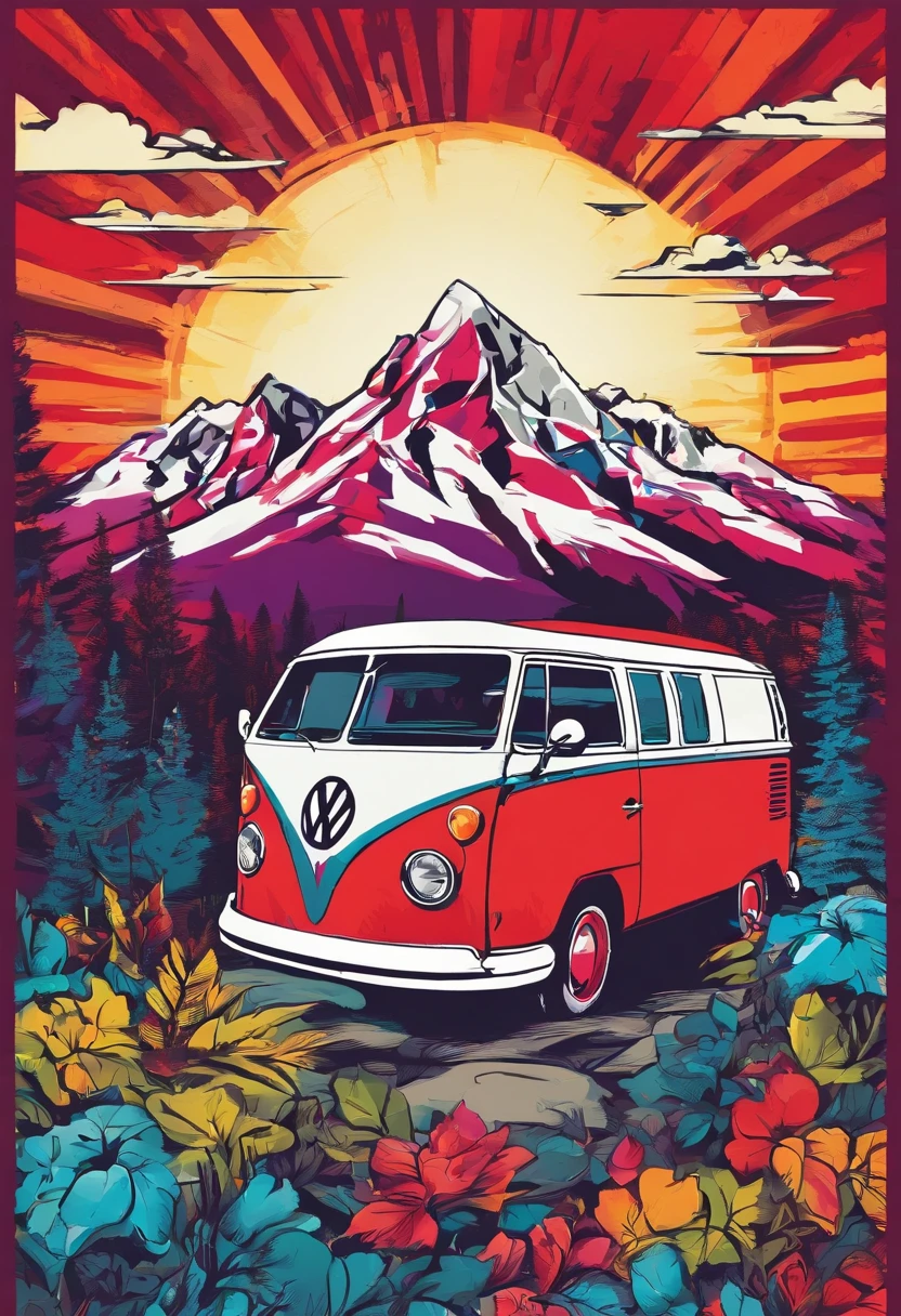 Vector T-shirt art ready to print Colorful graffiti illustration of a red Volkswagen Kombi, Swiss Alps, Tall trees, 夏天, night time, fogueira, volkswagen kombi