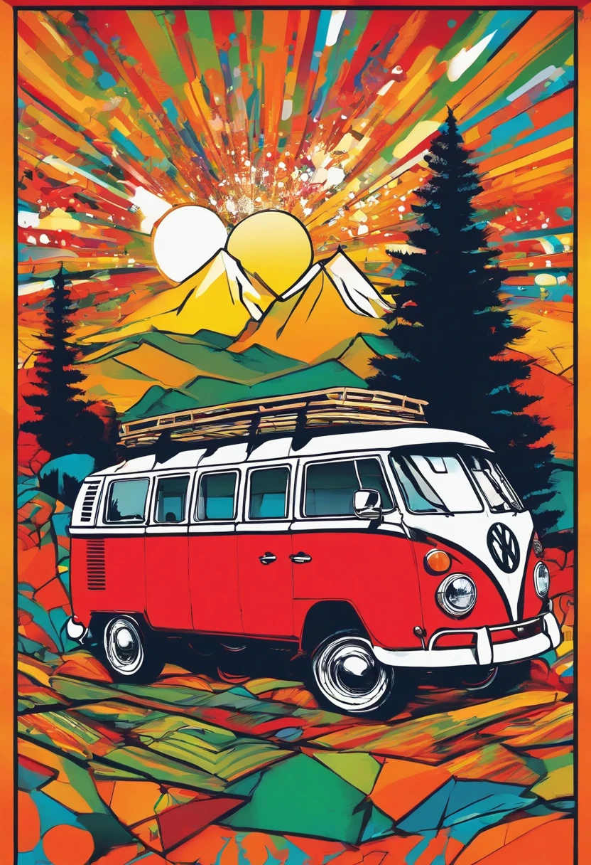 Vector T-shirt art ready to print Colorful graffiti illustration of a red Volkswagen Kombi, Swiss Alps, Tall trees, 夏天, night time, fogueira, volkswagen kombi