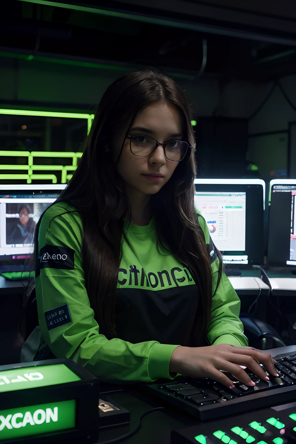 a girl sitting in front of a computer, long brown hair, wearing glasses, focused expression, typing on keyboard, surrounded by multiple computer screens, Bitcoin logos on the screens, digital currency charts displayed on the screens, stacks of Bitcoins on the desk, glowing green lines representing blockchain technology, futuristic cyberpunk atmosphere, dimly lit room with neon lights, high-resolution illustration, realistic details, vibrant colors.
