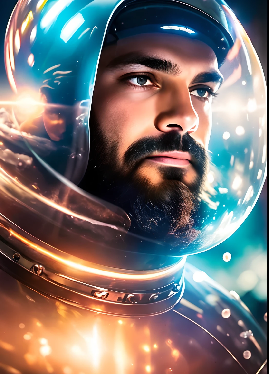 foto de edgarpetistadosul, homem em ((Retro Space Suit with Bubble Helmet)), pintura fotorrealista, retrato, incrivelmente atraente(papel de parede 8k extremamente detalhado), Rosto altamente detalhado, intrincado, 8k, altamente detalhado, Volumetric lighting, pintura digital, intenso, foco nítido, Arte de Artgerm e Rutkowski e Alphonse Mucha, CGSetnation, vibrante, dynamic atmosphere, fotorrealista, Closeup
