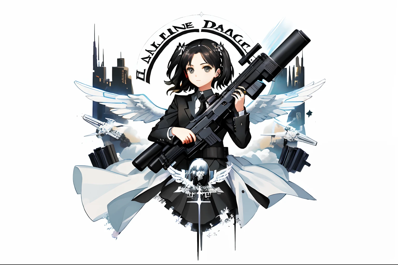 there is a picture of a logo with a girl holding a gun, raygun gothic style, cover art, an angel, the angel of death with a halo, album artwork, artwork, cherub, raygun gothic, album art, war-art style, album cover, the angel of death, angel of death, angel, war, album cover art