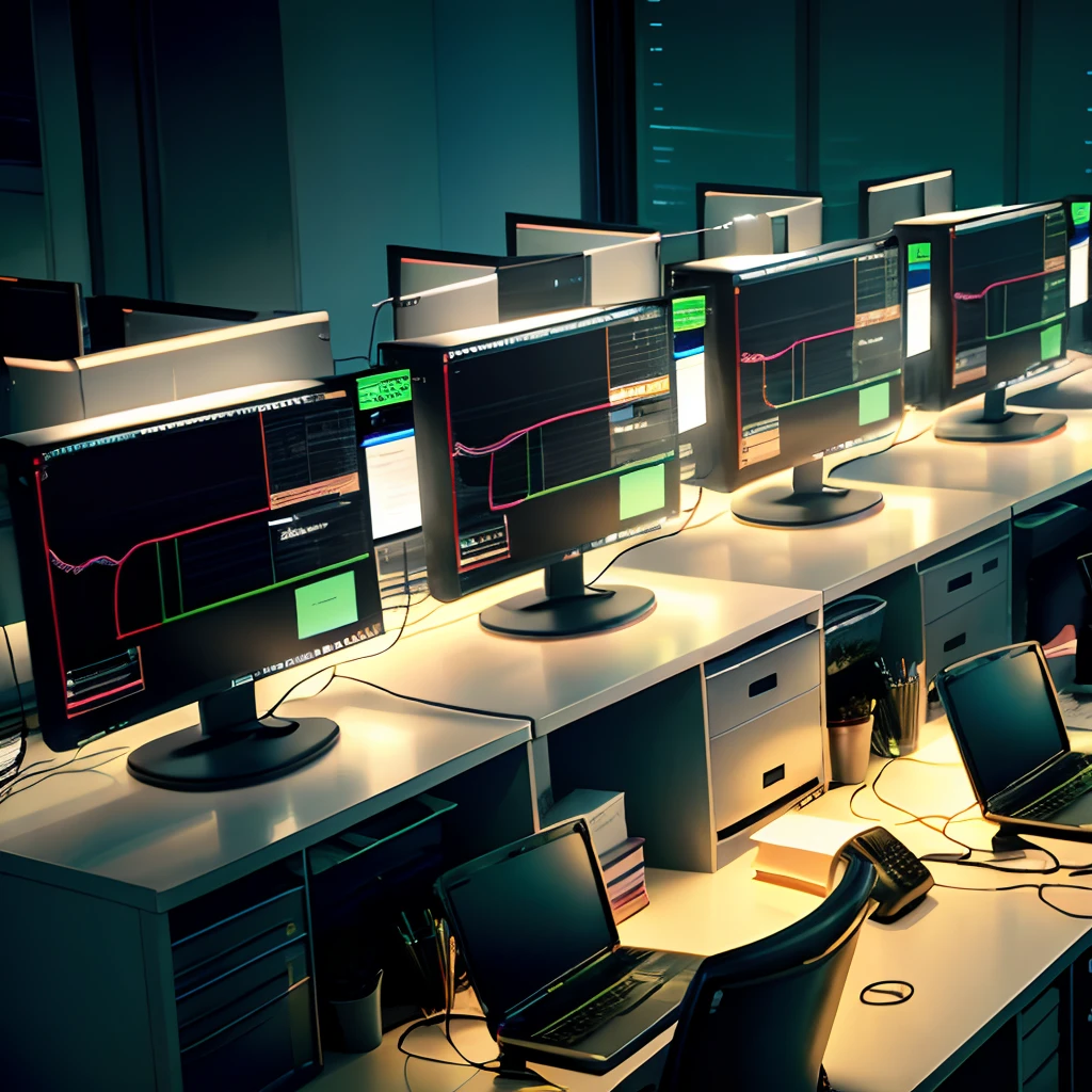 modern office as a background, with a computer and several lines connecting to other devices, representing a computer network.  With them symbolizing communication and data sharing.