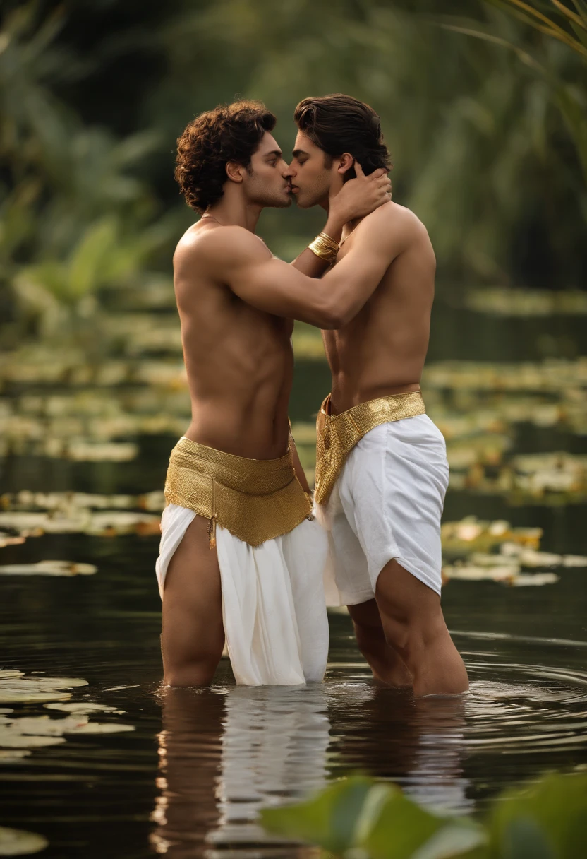 2boys kissing and embracing, masterpiece, best quality, slim lean boys young adults standing shirtless in a tranquil pool surrounded with water lilies and reeds. The men are muscular lean slim and well built, with defined muscles. The men are wearing white linen loincloth which have intricate gold embroidery. (loincloth:1.0) They are wearing gold armbands on their arms, gold leg bands on their thighs, gold anklets on their ankles, gold bracelets, and gold necklaces. The men are wearing a single ear cuff. Loving love pose, sexy expression.