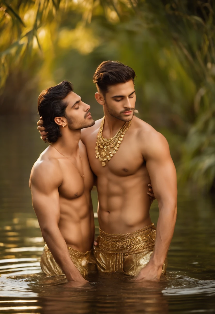 2boys kissing and embracing, masterpiece, best quality, slim lean boys young adults standing shirtless in a tranquil pool surrounded with water lilies and reeds. The men are muscular lean slim and well built, with defined muscles. The men are wearing white linen loincloth which have intricate gold embroidery. (loincloth:1.0) They are wearing gold armbands on their arms, gold leg bands on their thighs, gold anklets on their ankles, gold bracelets, and gold necklaces. The men are wearing a single ear cuff. Loving love pose, sexy expression.