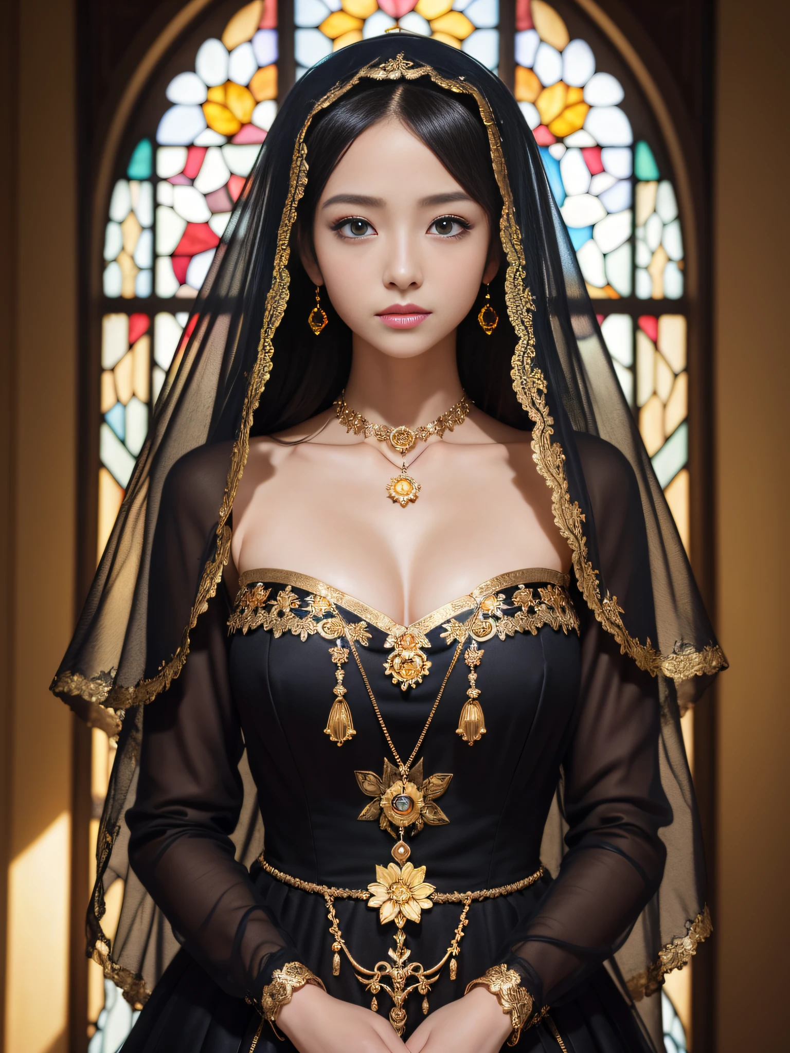 masutepiece、masutepiece、ultra-definition、accurate depiction、extremely high detail、8K picture quality、one girls、(18 year old pretty woman、18year old)、small head、Cute face、a blond、half up、Blue eyes、perfect glossy skin、((tre anatomically correct))、Perfect body:1.1、high-level image quality、​masterpiece、Look at viewers、(Black Princess Dress、Golden flower embroidery)、A transparent veil was lightly hung over her head、A simple golden pendant around her neck、sexypose、Overflowing breasts、the royal palace、Large stained glass windows、Enveloping her presence with delicate particles、Soft light、divine atmosphere、Let them shine、Photoreal Stick