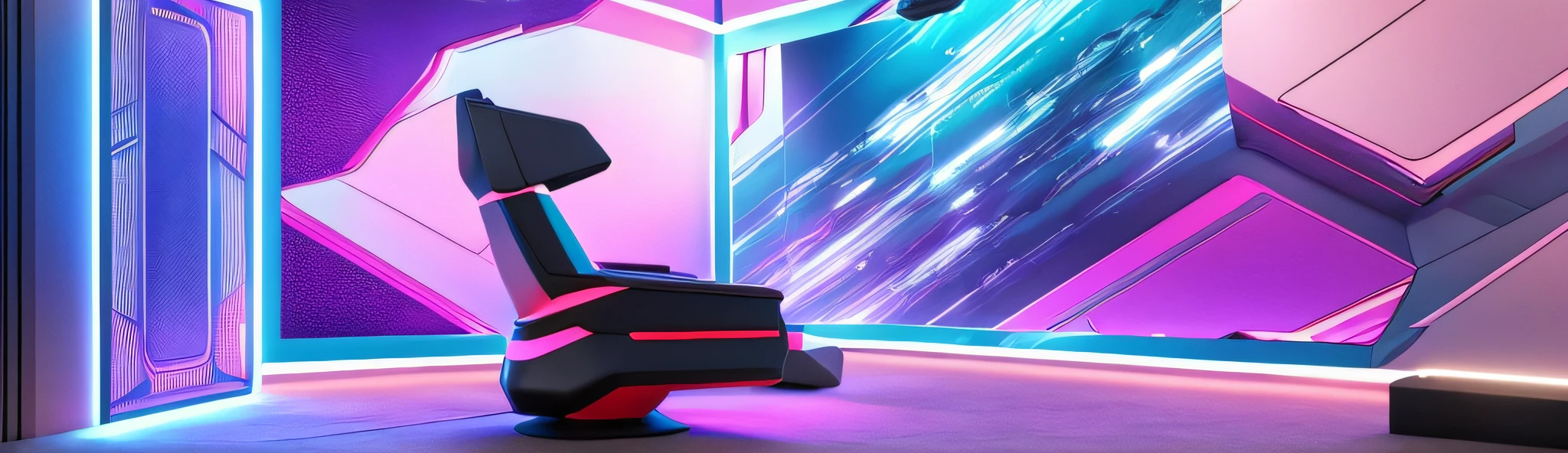 A futuristic gaming room with sleek, minimalistic design, featuring a high-tech gaming setup with multiple monitors, RGB lighting casting vibrant hues throughout the room, ergonomic gaming chair with adjustable controls, and a state-of-the-art virtual reality headset, creating an immersive gaming experience, Photorealistic 3D rendering, using advanced lighting and material techniques to capture the sleekness and futuristic aesthetic, --ar 16:9 --v 5