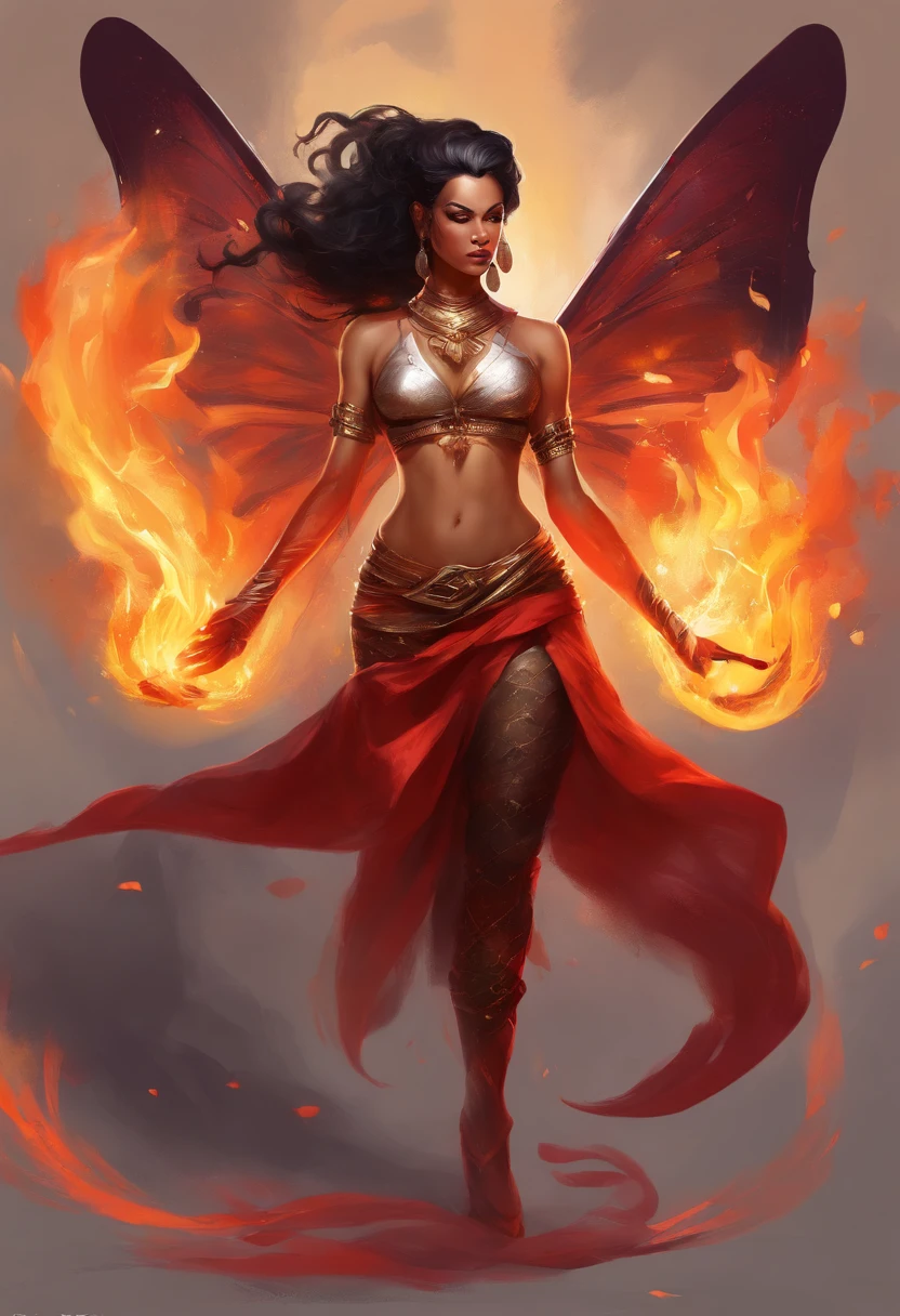 Nawra, tall anime Arab girl with black hair ponytail, yellow eyes, and a red top and black trousers, tall, athletic, strong, fit, muscular, fire!! full body, appears as the fire goddess, fire goddess, nico robin, hot fire goddess, she has fire powers, black - haired mage, ahri, her hair is on fire, style artgerm, full body portrait of a short!, the butterfly goddess of fire, genie girl, djinni girl, superpowered girl, fire elemental, martial artist, Chicago street