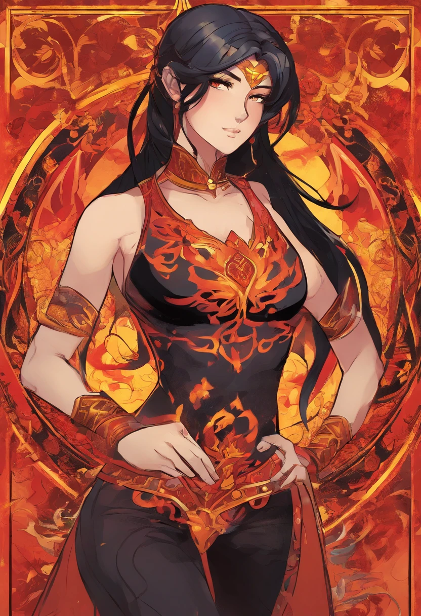 Nawra, tall anime Arab girl with black hair ponytail, yellow eyes, and a red top and black trousers, tall, athletic, strong, fit, muscular, fire!! full body, appears as the fire goddess, fire goddess, nico robin, hot fire goddess, she has fire powers, black - haired mage, ahri, her hair is on fire, style artgerm, full body portrait of a short!, the butterfly goddess of fire, genie girl, djinni girl, superpowered girl, fire elemental, martial artist, Chicago street
