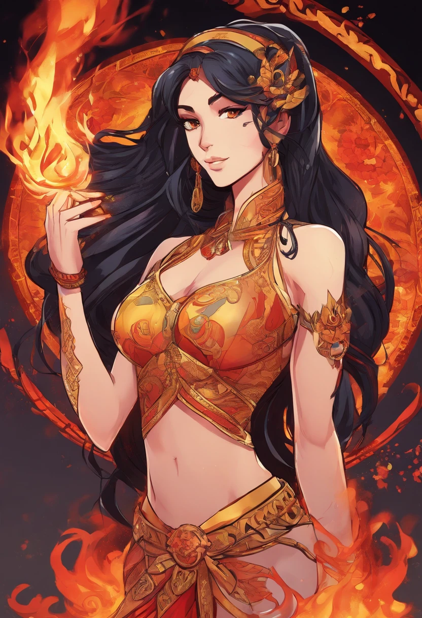 Nawra, tall anime Arab girl with black hair ponytail, yellow eyes, and a red top and black trousers, tall, athletic, strong, fit, muscular, fire!! full body, appears as the fire goddess, fire goddess, nico robin, hot fire goddess, she has fire powers, black - haired mage, ahri, her hair is on fire, style artgerm, full body portrait of a short!, the butterfly goddess of fire, genie girl, djinni girl, superpowered girl, fire elemental, martial artist, Chicago street