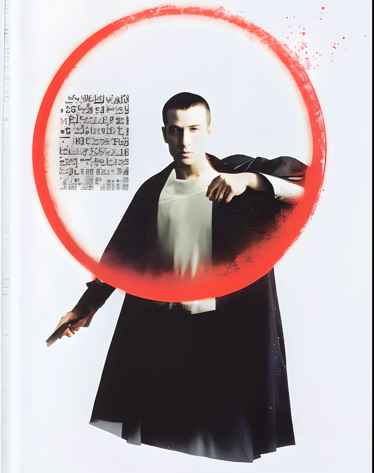 arafed image of a man in a black cloak holding a red circle, magazine scan, magazine photo from 2007, 1 9 9 9 photo from life magazine, hq scan, overlaid with arabic text, poster, 1 2 0 0 dpi scan, inspired by Anna Füssli, male vampire of clan banu haqim