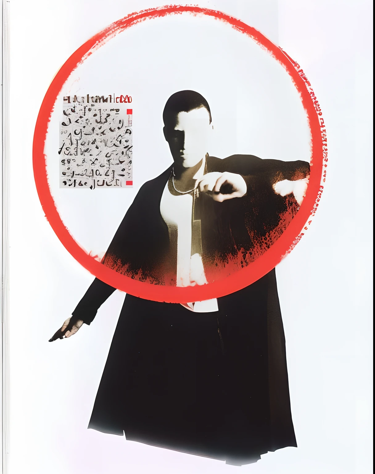 arafed image of a man in a black cloak holding a red circle, magazine scan, magazine photo from 2007, 1 9 9 9 photo from life magazine, hq scan, overlaid with arabic text, poster, 1 2 0 0 dpi scan, inspired by Anna Füssli, male vampire of clan banu haqim