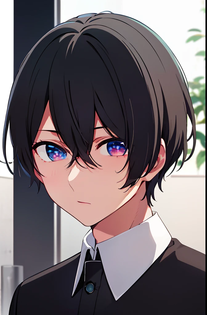 masterpiece, best quality, high quality, 1boy, solo, male focus, looking at viewer, upper body, hoshino_aquamarine, star-shaped_pupils, black hair , red eyes