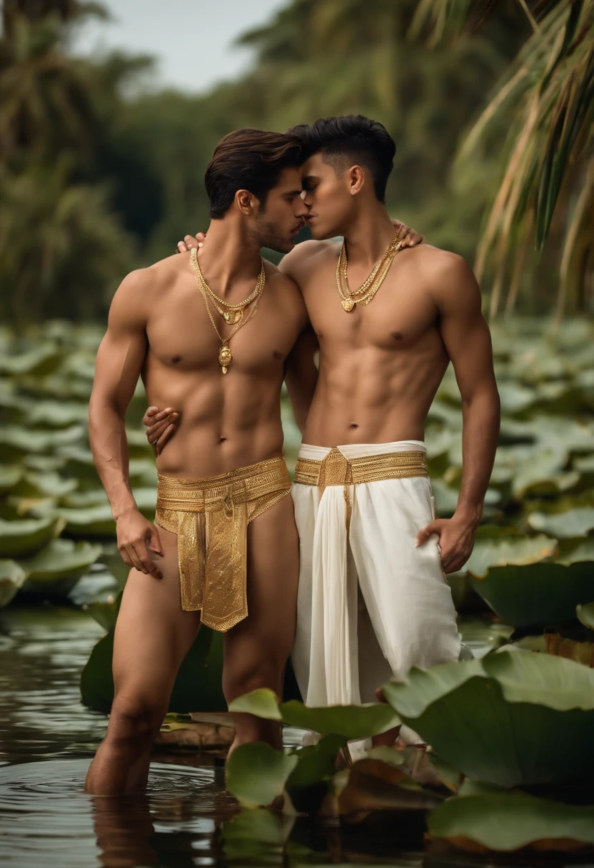 2boys kissing and embracing, masterpiece, best quality, slim lean boys young adults standing shirtless in a tranquil pool surrounded with water lilies and reeds. The men are muscular lean slim and well built, with defined muscles. The men are wearing white linen loincloth which have intricate gold embroidery. (loincloth:1.0) Exposed thighs. They are wearing gold armbands on their arms, gold leg bands on their thighs, gold anklets on their ankles, gold bracelets, and gold necklaces. The men are wearing a single ear cuff. Loving love pose, sexy expression.