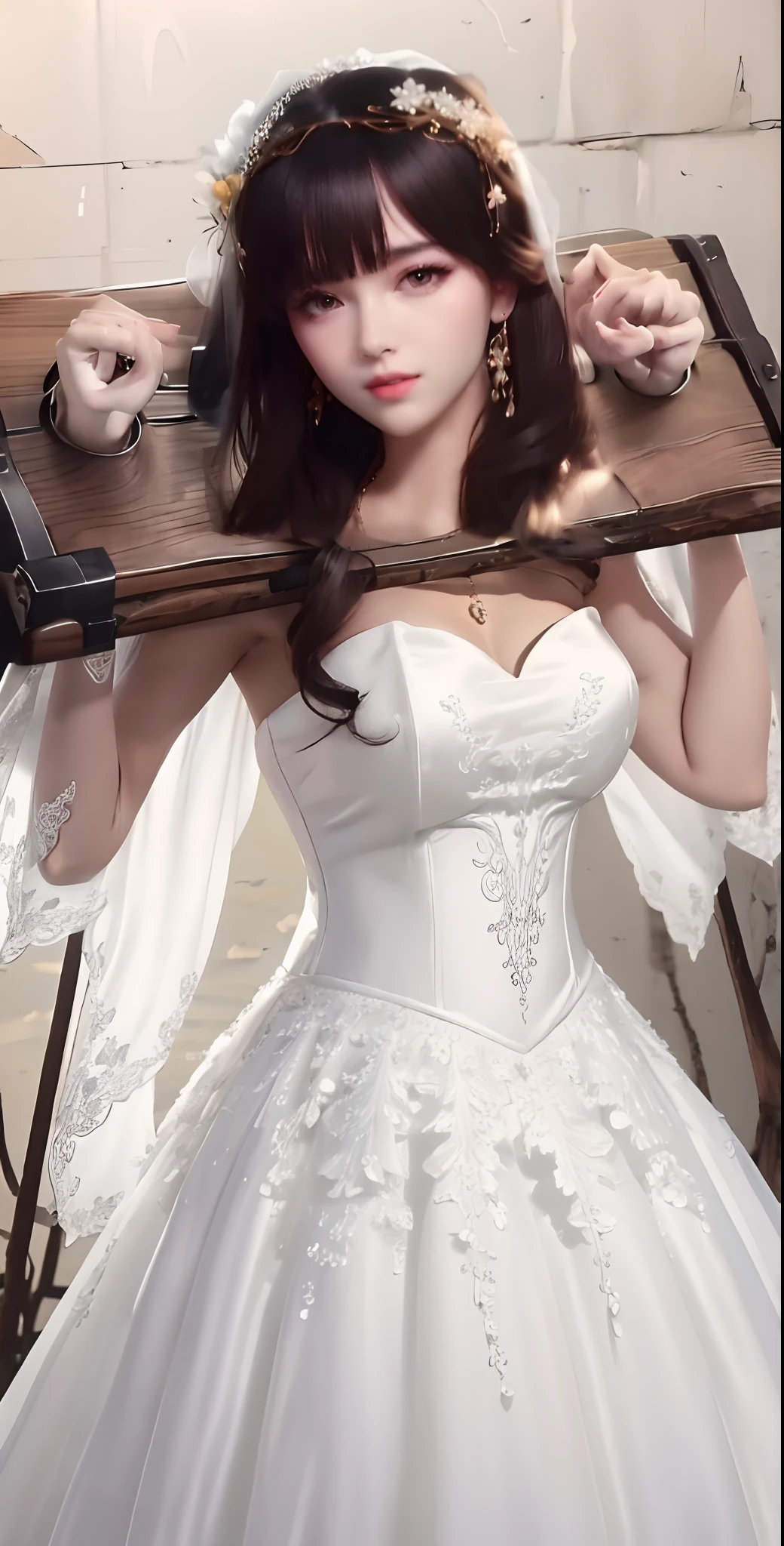 Close-up of a beautiful bride in a beautiful wedding dress, Gurvetz,( pillory:1.5), Flail on the head, Flail on the hands, Flail,(Bridal veil: 1.5), (Short transparent veil: 1.5), Flushed face, Head flower, head gear, (Tubular wedding dress: 1.5), (Silk dress: 1.2 ), (Strapless wedding dress: 1.5), Pure white dress, necklace, Earrings, (Huge breasts: 1.3), Deep V heart collar wedding dress, bangs, lipstick, (Lace gloves: 1.3), Full body photo, High detail RAW color art, a white long skirt, Whole body, with hands behind her back, and floor-length skirts,