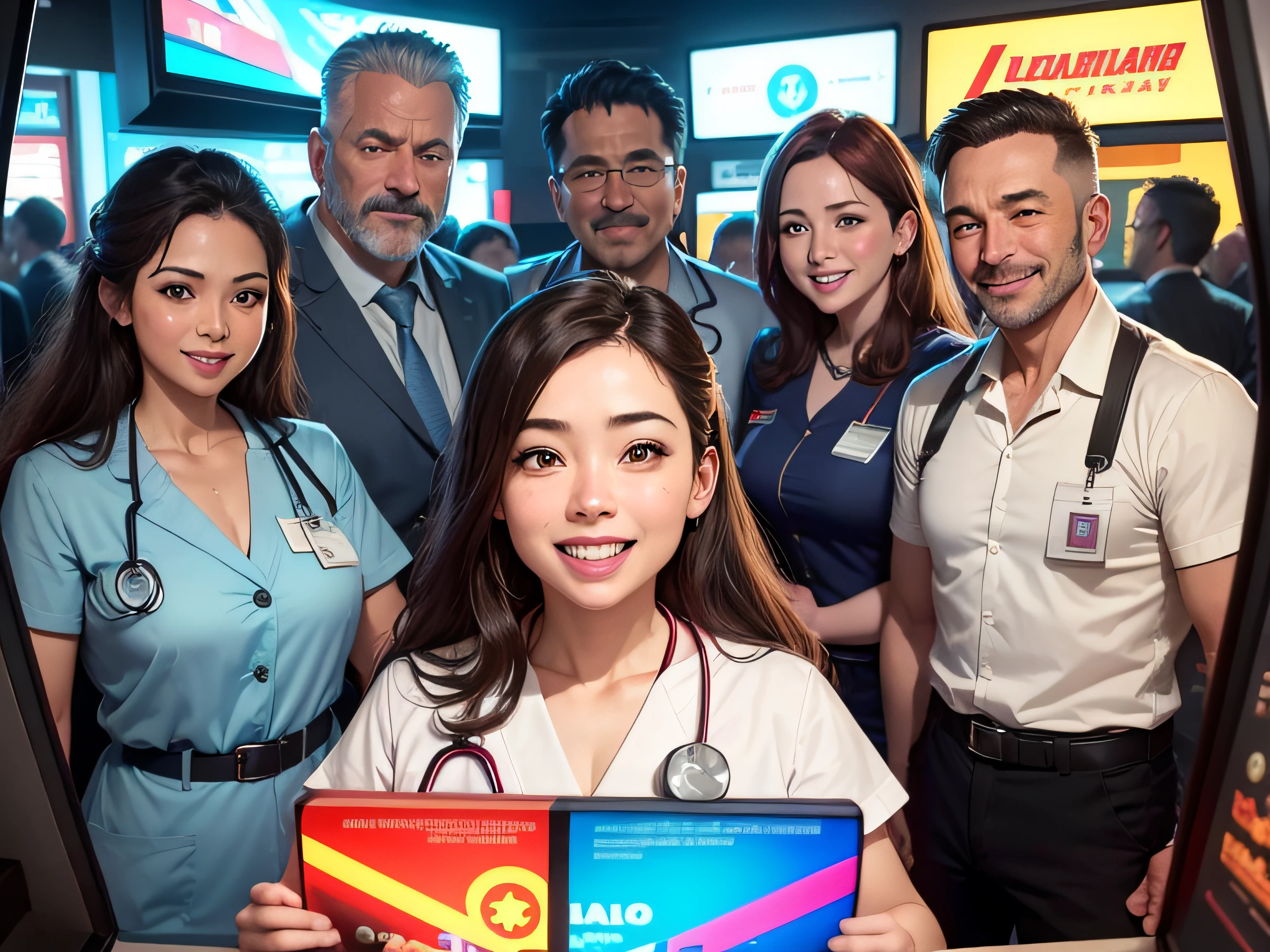 A team of adult men and women doctors in uniform, mais de 40 anos, sorrindo e alegres, comendo pizzas, Jogando Arcade Video Games, sorrindo e falando, lugar divertido, todos sorrindo, imagem colorida, 8k, highes definition, high resolutions, detalhado, keen focus
