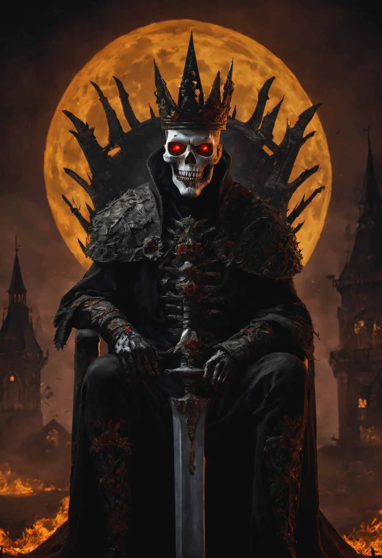Summon a super scary Halloween masterpiece featuring the Dead King, a malevolent figure with a skull face and glowing red and yellow eyes. Envision the Dead King employing black magic amidst an eerie, ghostly background. Specify a photographic cinematic rendering with super super high details and realism in a 32k Ultra HDR image. Craft a visual masterpiece that captures the spine-chilling essence of the Dead King, ensuring it becomes a super real and super scary image, resonating with the horror of Halloween