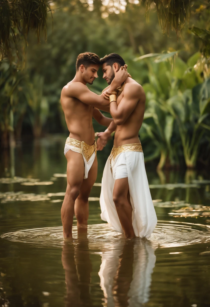 2boys kissing and embracing, masterpiece, best quality, slim lean boys young adults standing shirtless in a tranquil pool surrounded with water lilies and reeds. The men are muscular lean slim and well built, with defined muscles. The men are wearing white linen loincloth which have intricate gold embroidery. (loincloth:1.0) Exposed thighs and legs. They are wearing gold armbands on their arms, gold leg bands on their thighs, gold anklets on their ankles, gold bracelets, and gold necklaces. The men are wearing a single ear cuff. Loving love pose, y expression.
