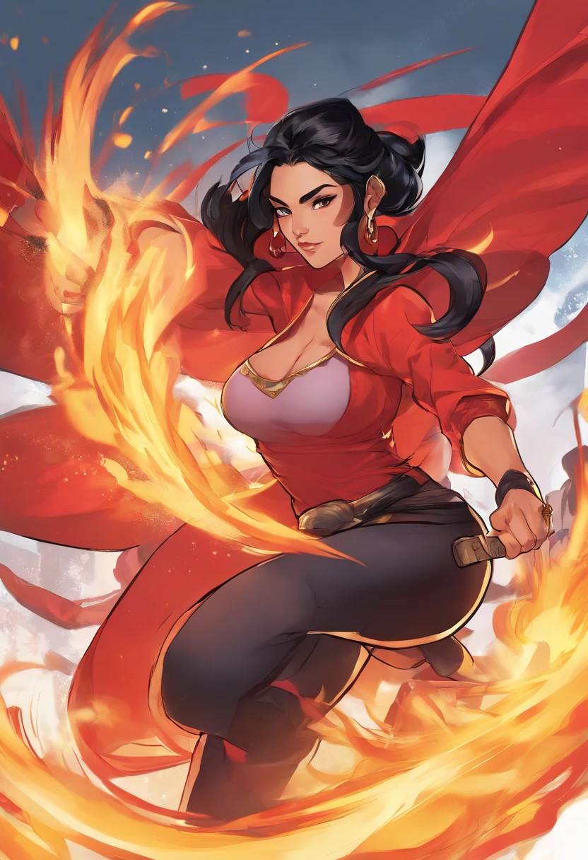 Nawra, tall anime Arab girl with black hair ponytail, yellow eyes, and a red croptop and black trousers, tall, athletic, strong, fit, muscular, fire!! full body, appears as the fire goddess, fire goddess, nico robin, hot fire goddess, she has fire powers, black - haired mage, ahri, her hair is on fire, style artgerm, full body portrait of a short!, the butterfly goddess of fire, genie girl, djinni girl, superpowered girl, fire elemental, martial artist, Chicago street