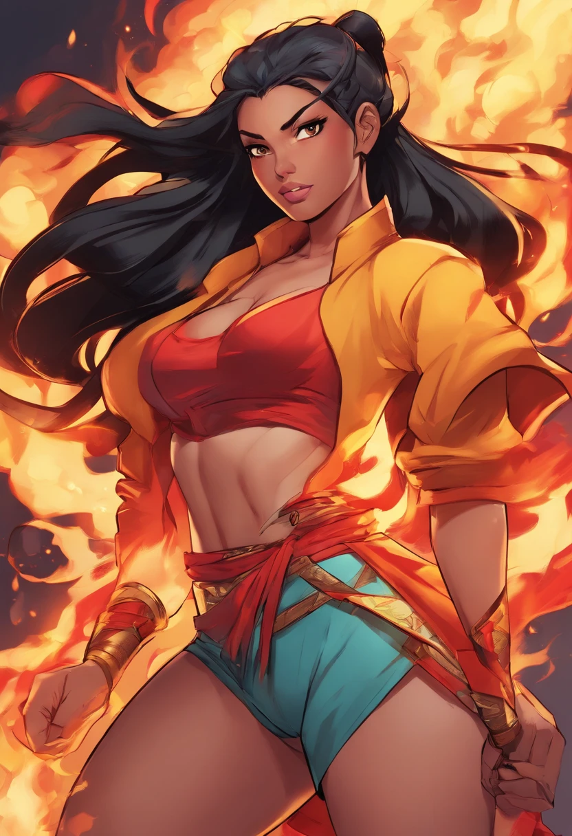 Nawra, tall anime Arab girl with black hair ponytail, yellow eyes, and a red croptop and black trousers, tall, athletic, strong, fit, muscular, fire!! full body, appears as the fire goddess, fire goddess, nico robin, hot fire goddess, she has fire powers, black - haired mage, ahri, her hair is on fire, style artgerm, full body portrait of a short!, the butterfly goddess of fire, genie girl, djinni girl, superpowered girl, fire elemental, martial artist, Chicago street