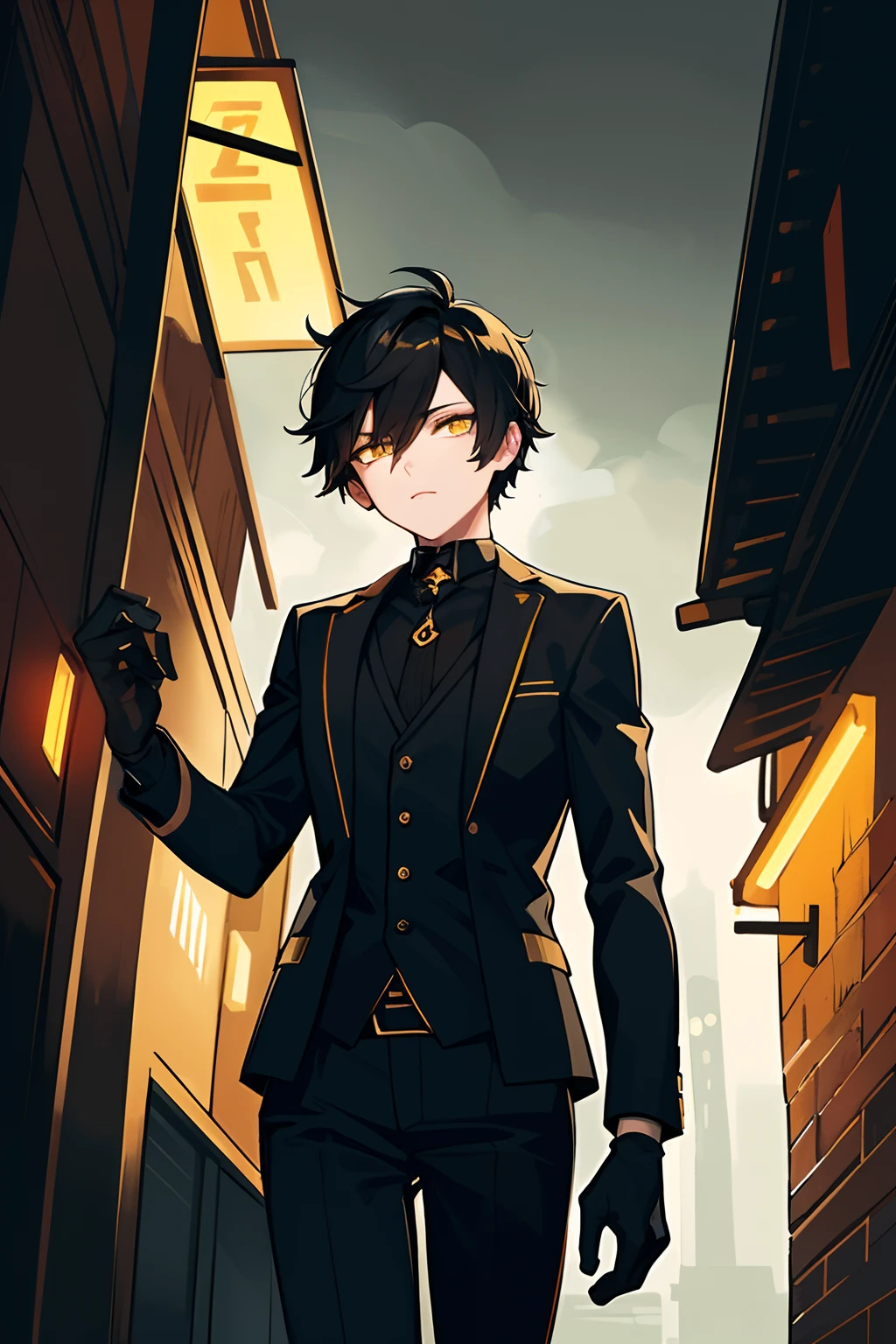 masterpiece, best quality, illustration, urban fantasy, black theme, night, alley, 1boy, mature, very short hair, glowing yellow eyes, black suit