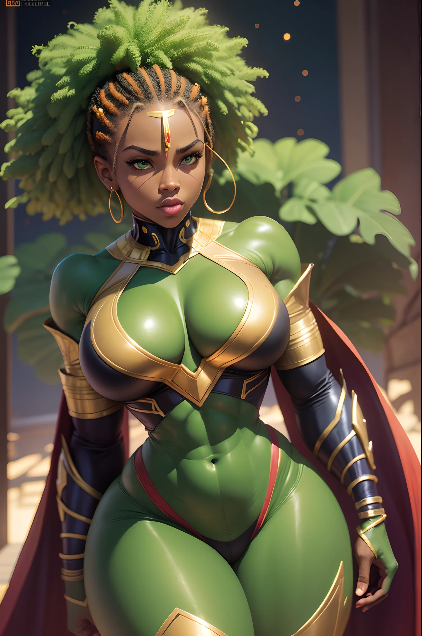 Superhero, black man, tall, big muscular body, strong, glow green eyes, Africa superhero costume. (Wide hips, thick thighs, large breasts, smallest waist, Voluptuous Android 18) fall in love and kisses with black man in romantic way.