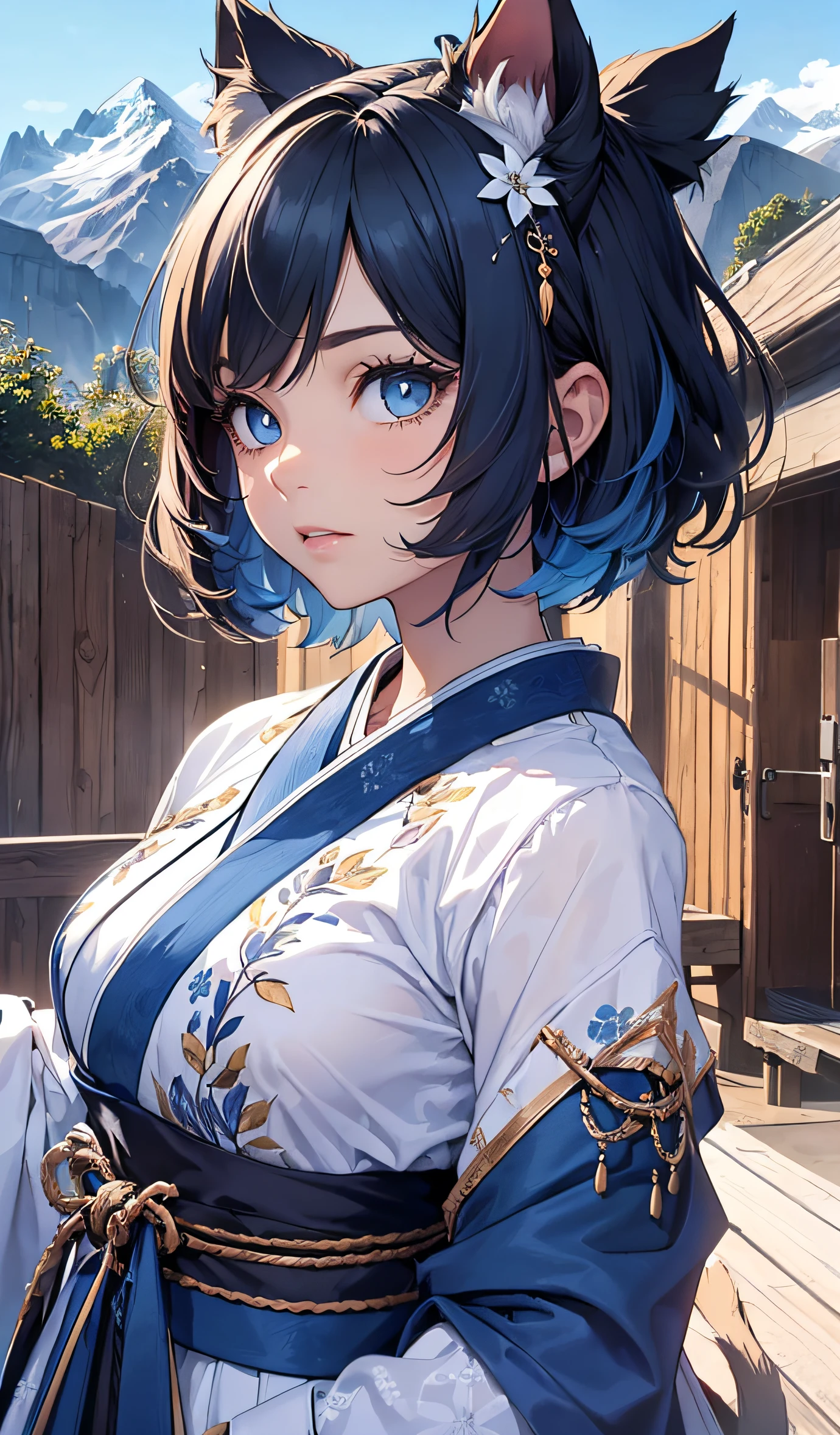 Beautiful detailed girl, Clear and beautiful, Character as the main point of view, radiant skin, girls, femele, young, 20yo, bobbed hair, Short Cut, short-hair, Beautiful detail glass hair,(((dark, Dark Night, Deep Night))), ((Hanbok costumes, 2 colors of clothing, Blue background, White pattern)) ((Clothes color blue background, White pattern)) ((Use only two colors of clothing, white, blue)) beautiful-detailed eyes, Blue pupils, tiny boobs, Blue-eyed, Full-fledged skin texture, Very good 8KCG wallpapers, very fine 8K CG wallpaper, watercolor (medium), female warrior, dark blue hair, (((Full-body cut))), (((Cat's ears dark blue))), (((s whole body))), Show your whole body, (((Natural Background, mountains, wood))), ((plein air))