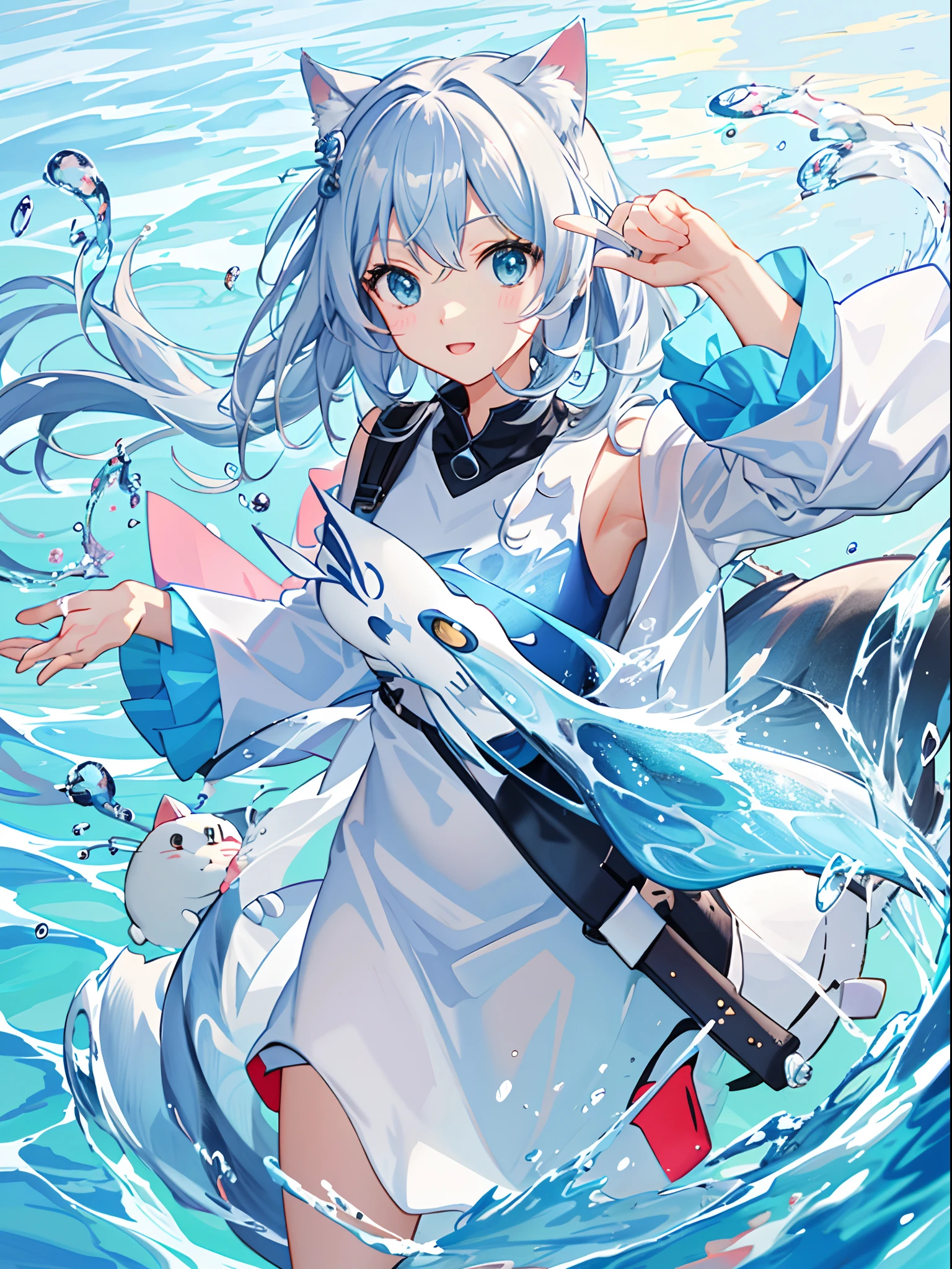 Anime cat in the water，fish around, anime visual of a cute cat, Trending on ArtStation pixiv, cute detailed digital art, a cat swimming in water, Wallpaper Anime Blue Water, anime cat, clean and meticulous anime art, Pisif Contest Champion, Pisif, Guweiz in Pixiv ArtStation, splash art anime loli, cute detailed artwork