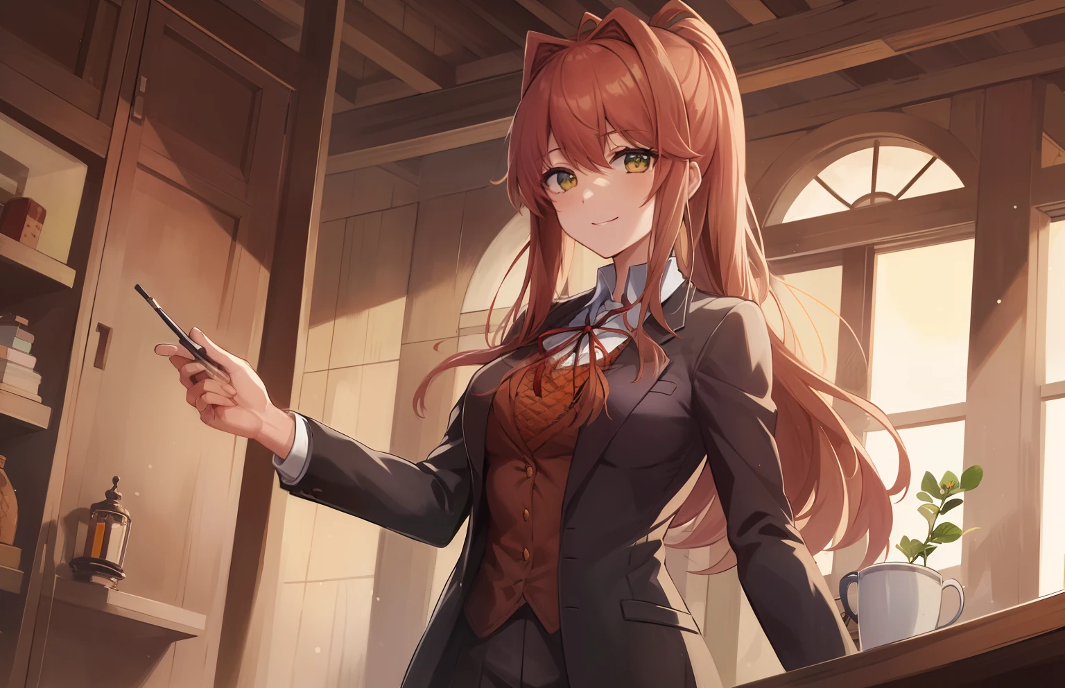 2d, obra maestra, mejor calidad, anime, muy detallado, tiro de vaquero, 1 girl in, solo, monika, ojos verdes, pelo muy largo, cola de caballo, uniforme escolar, en pie, recto, sonrisa, fondo blanco, fondo simple, medieval.