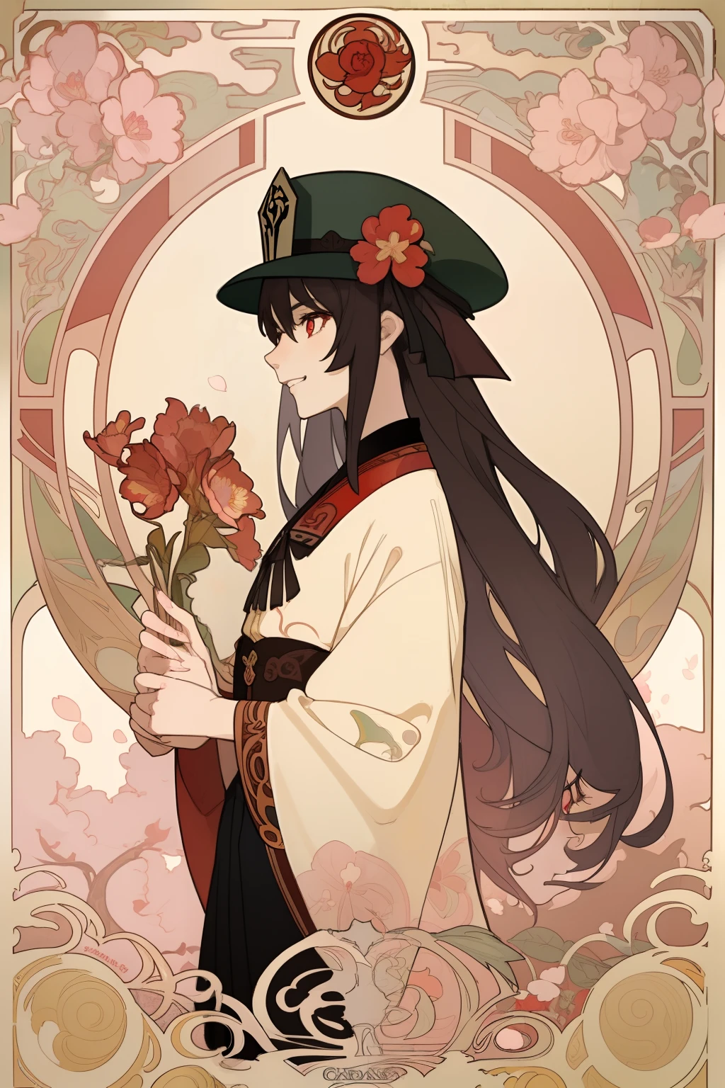 Art Nouveau Style, poster in a theater, (art by wes anderson), 2d, masterpiece, best quality, anime, highly detailed eyes, highly detailed face, highly detailed background, perfect lighting, 1girl, solo, hu tao \(genshin impact\), star-shaped pupils, flower-shaped pupils, hat, red flower, red eyes, cherry blossoms, evil grin, black outfit, (inspired by mucha), fire, profile, cowboy shot