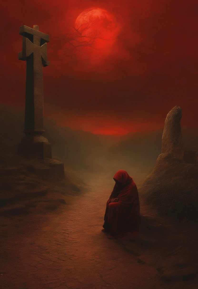 mythology creatures, by zdzislaw beksinski and van gogh, album cover art, rome, surrealism, futuristic ,satan, coral, wizard, abstract, dark, red, hell, landscape, mix these three images: homeless man on knees, bright anime boy with cross in the distance, man in dark street