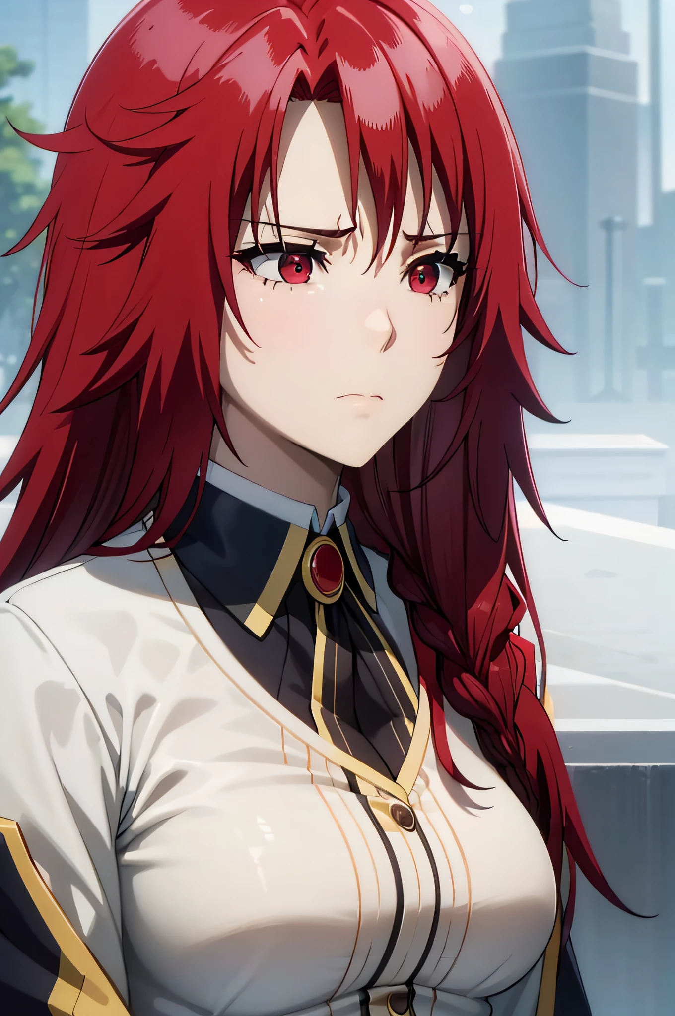 This face expresses deep sadness. Her eyes are downcast, and her facial expression is clearly dejected. The tear lines visible on her cheeks indicate recent sorrow,red hair,red eyes