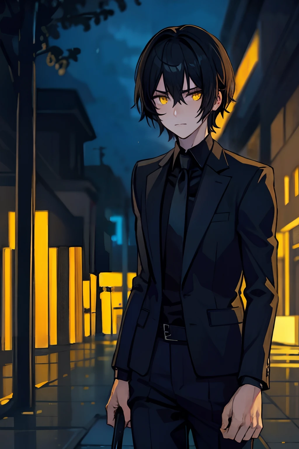 masterpiece, best quality, illustration, urban fantasy, black theme, night, alley, 1boy, mature, very short hair, glowing yellow eyes, black suit